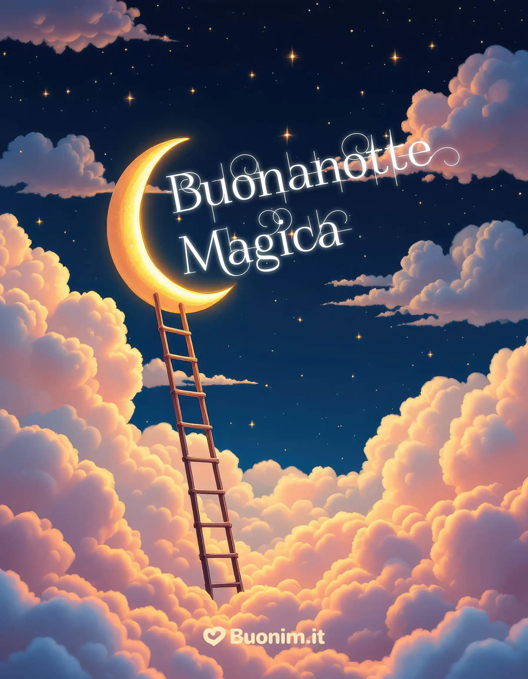 Scala verso la luna tra nuvole rosa Respiro profondo, pace nell’anima e sogni stellari. A domani con Dolcezza.