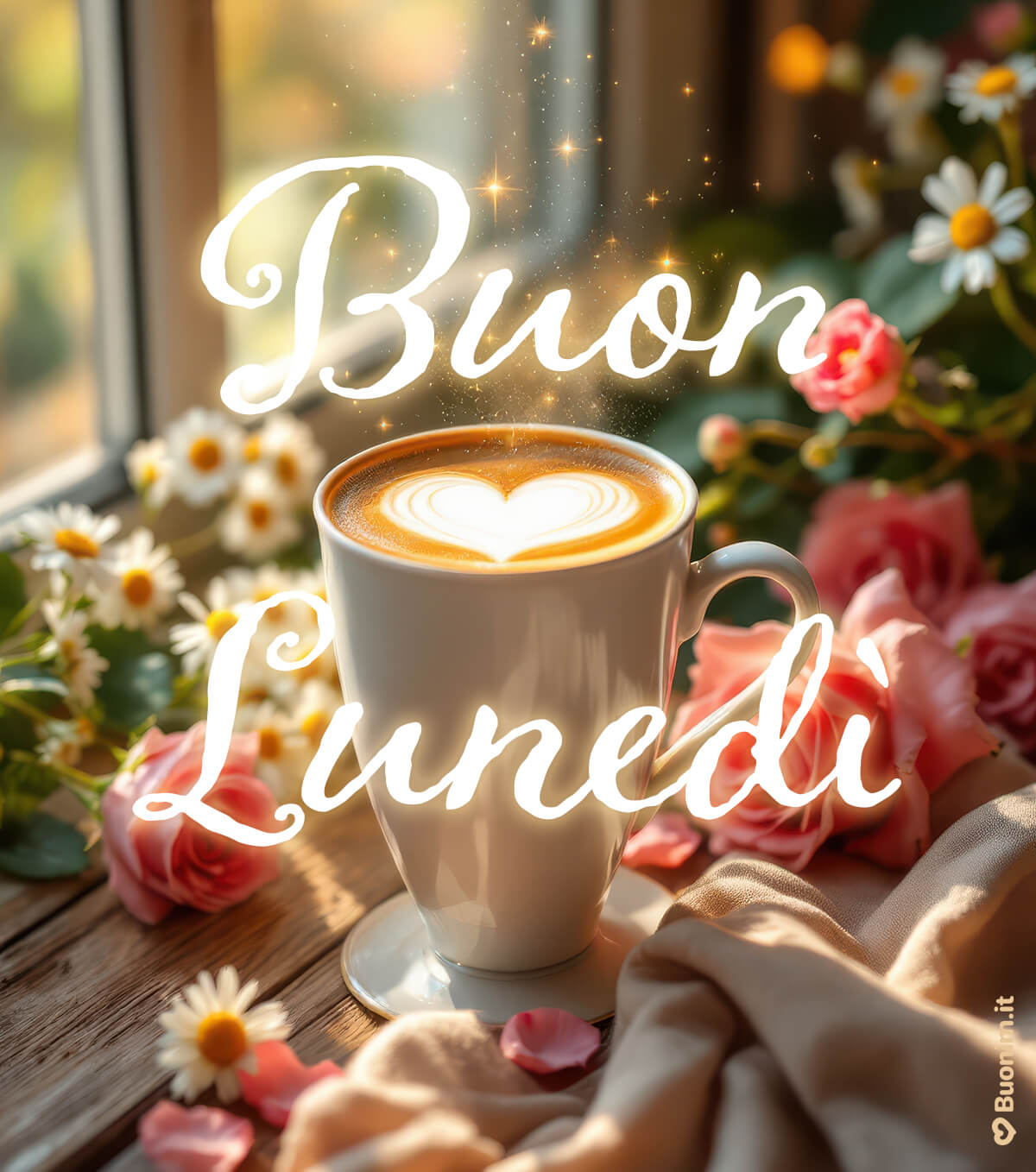Calore, profumo e un abbraccio tra fiori e luce. Questa cartolina porta un buongiorno e buon lunedì con caffè, ottima per mandare auguri e iniziare bene la settimana.
