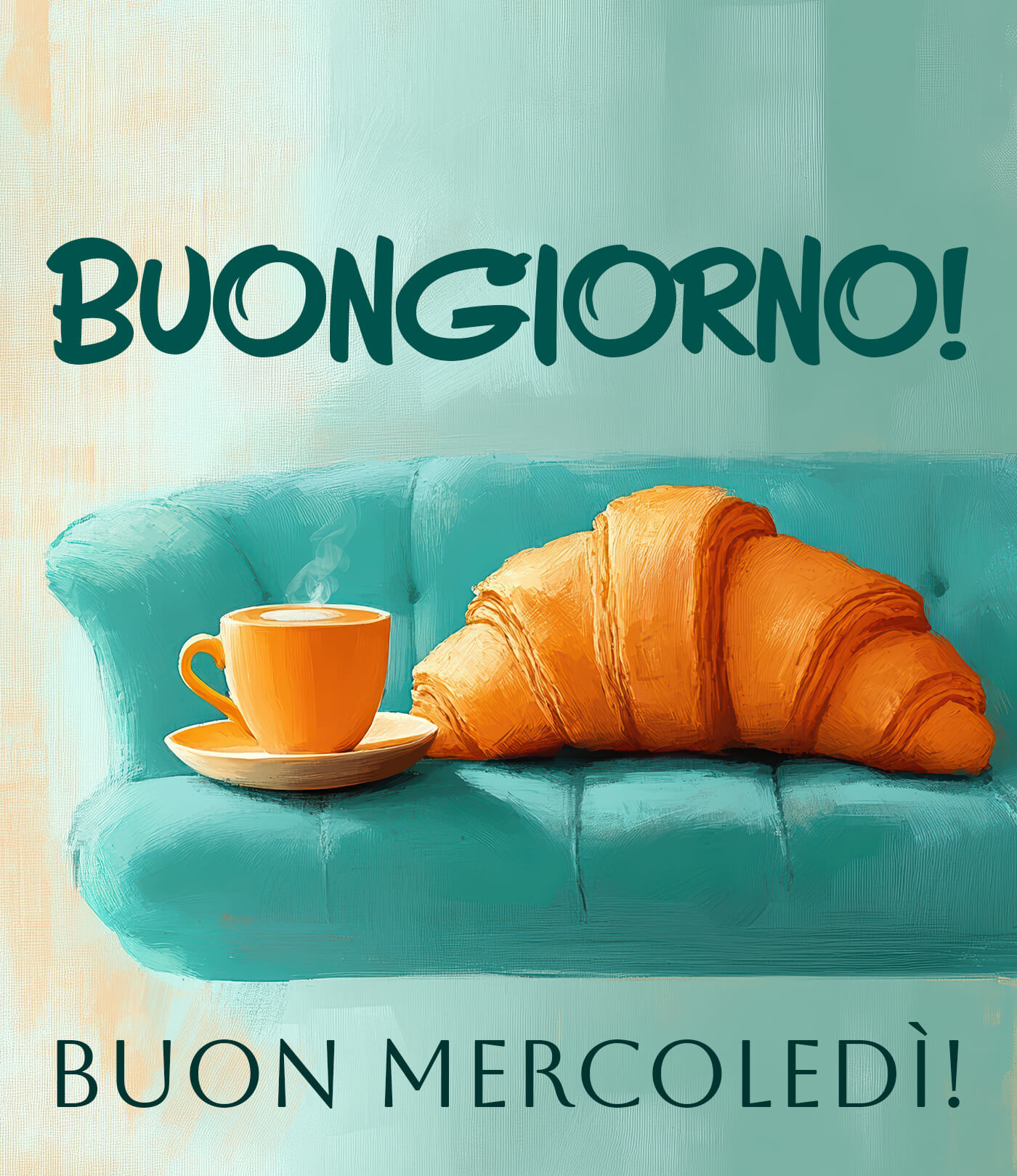 Risveglio morbido buon mercoledì con caffè e cornetto Caffè caldo e cornetto, e la giornata si mette in moto. Buon mercoledì a te, con calma e grinta, perfetto per un messaggio pieno di affetto.