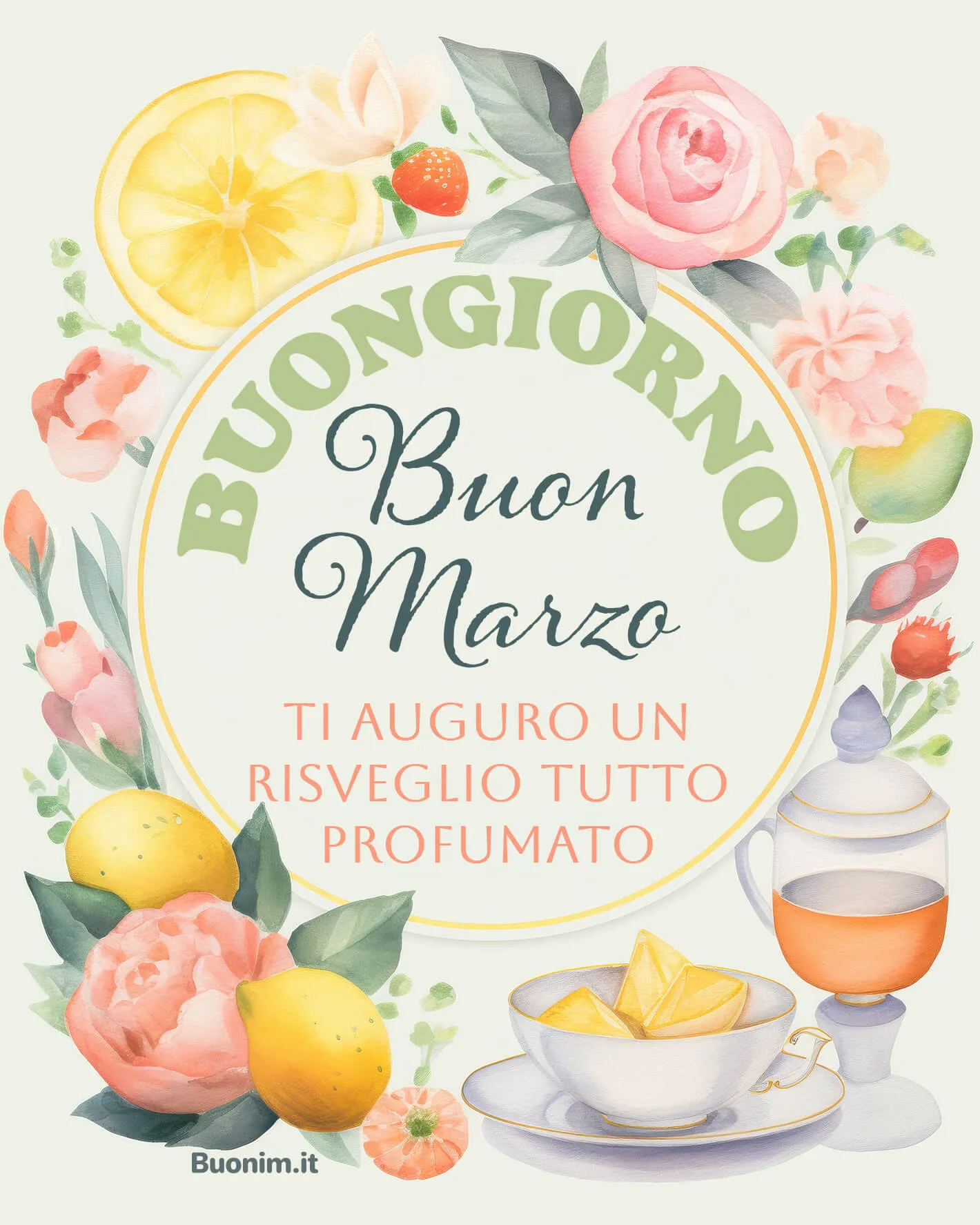 Risveglio profumato buon marzo tra agrumi e fiori Dolce tè e note di limone, insieme ai fiori di marzo, scaldano il cuore. Un’immagine di buongiorno per il primo marzo da condividere con chi ami, per dire buon marzo con semplicità.