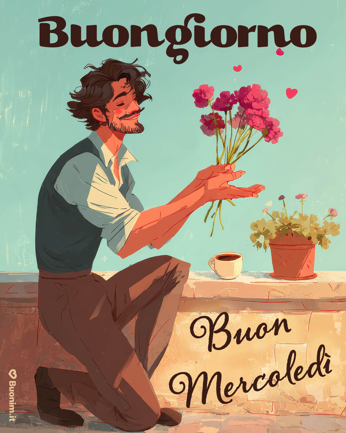 Romantico buongiorno con fiori per un buon mercoledì Quando qualcuno ti offre un mazzetto di fiori, il cuore si alleggerisce. Questa cartolina è perfetta per dire buongiorno e augurare un buon mercoledì con amore e coccole.