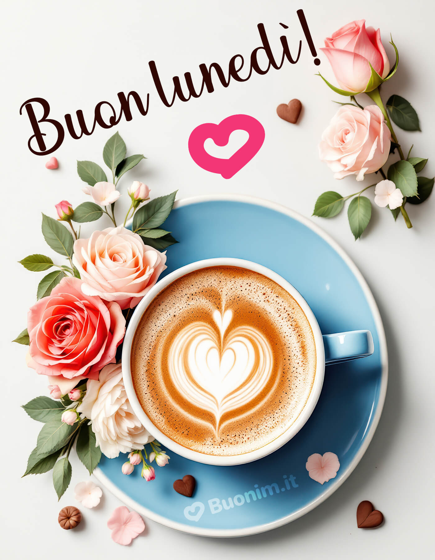 Rosa e caffè per un lunedì romantico Il profumo dei fiori e la crema a forma di cuore, per dire buongiorno con amore. Ti auguro un lunedì pieno di serenità e coccole, perfetto da inviare a chi ami.