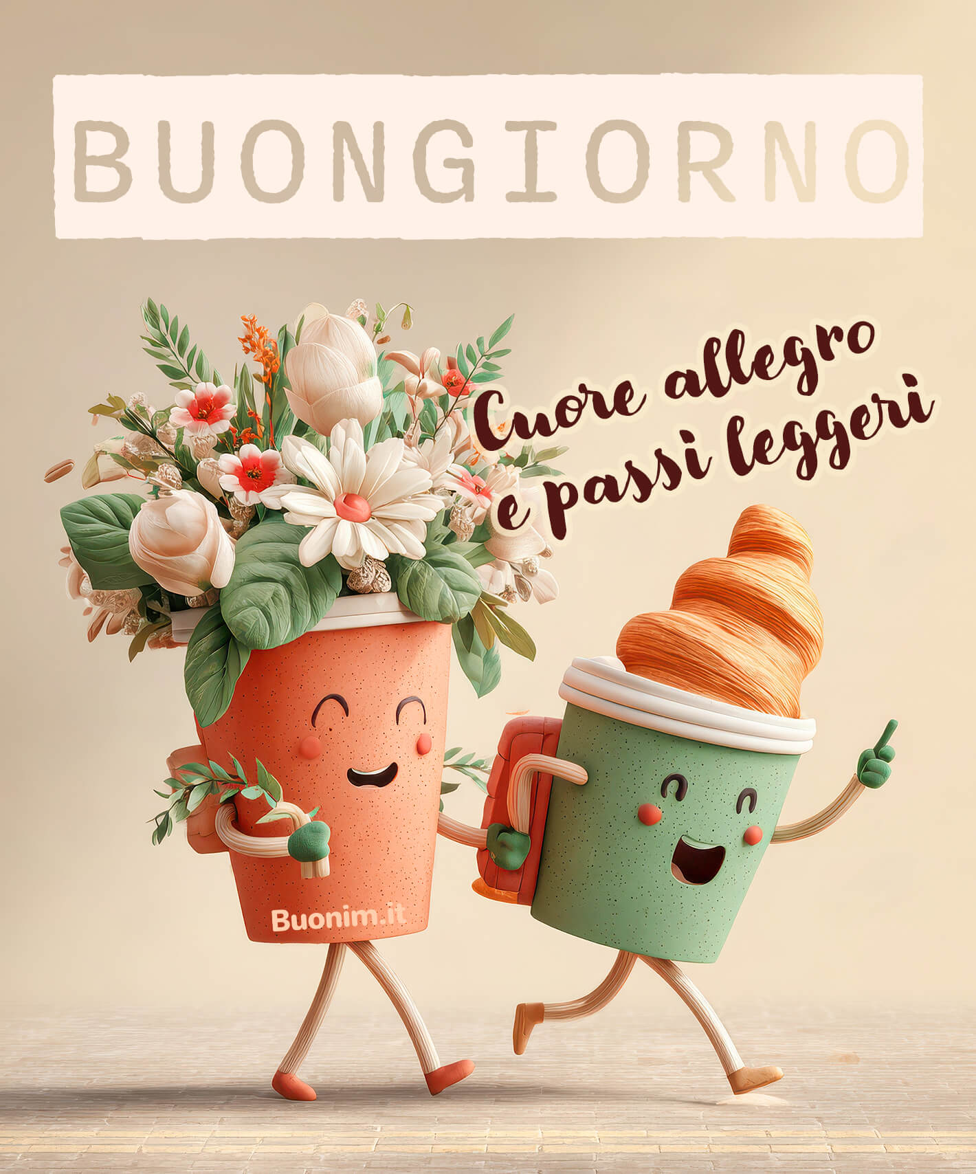 Cuore allegro e passi leggeri, proprio come questo buongiorno. Ti auguro una giornata felice, piena di energia e coccole, da mandare a un’amica.