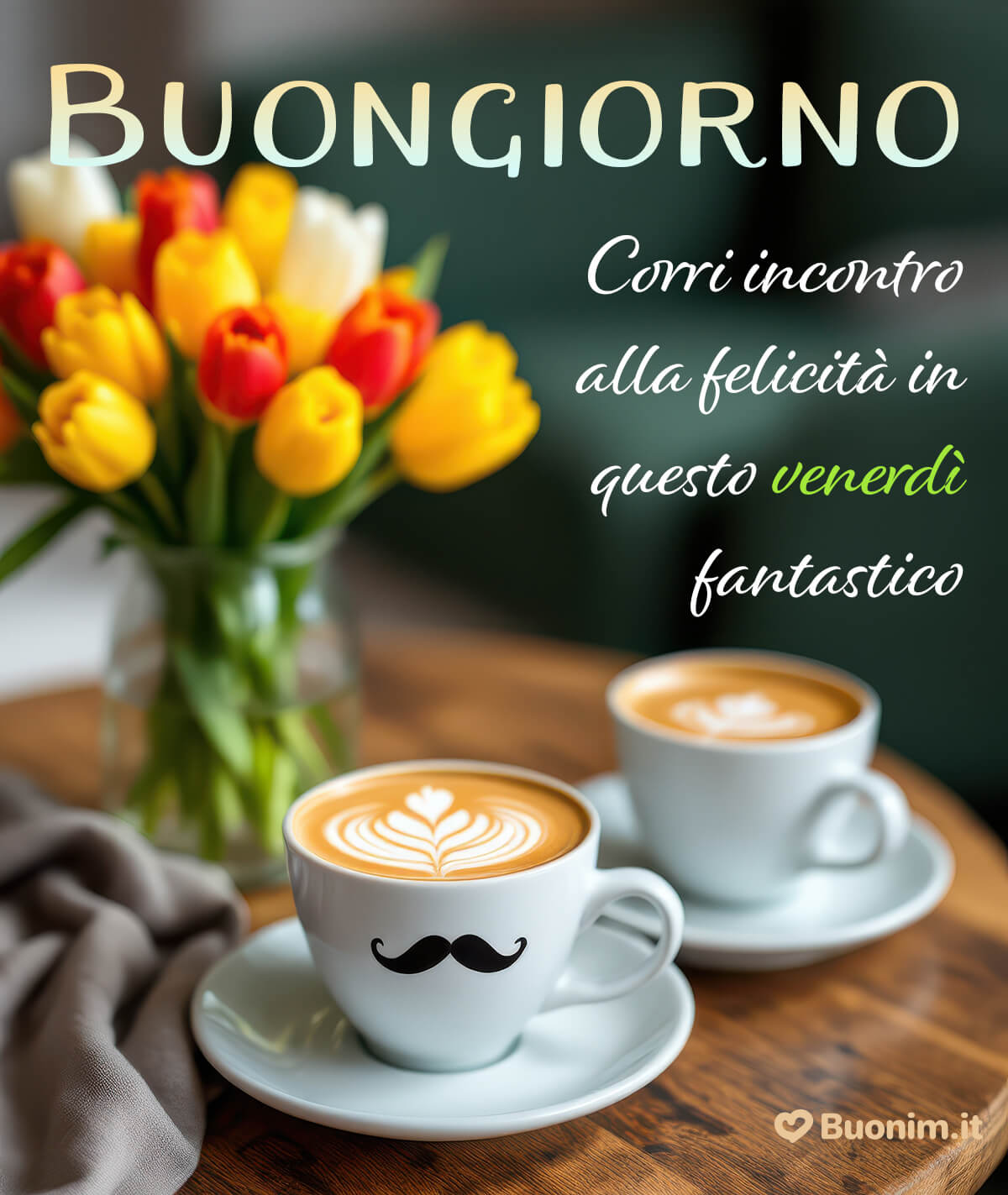 Saluto Divertente di Venerdì con Cappuccino e Fiori Due tazze fumanti e quel baffetto simpatico rendono il messaggio davvero divertente. Buongiorno e Buon Venerdì, che sia sereno, leggero e con un sorriso che resta.