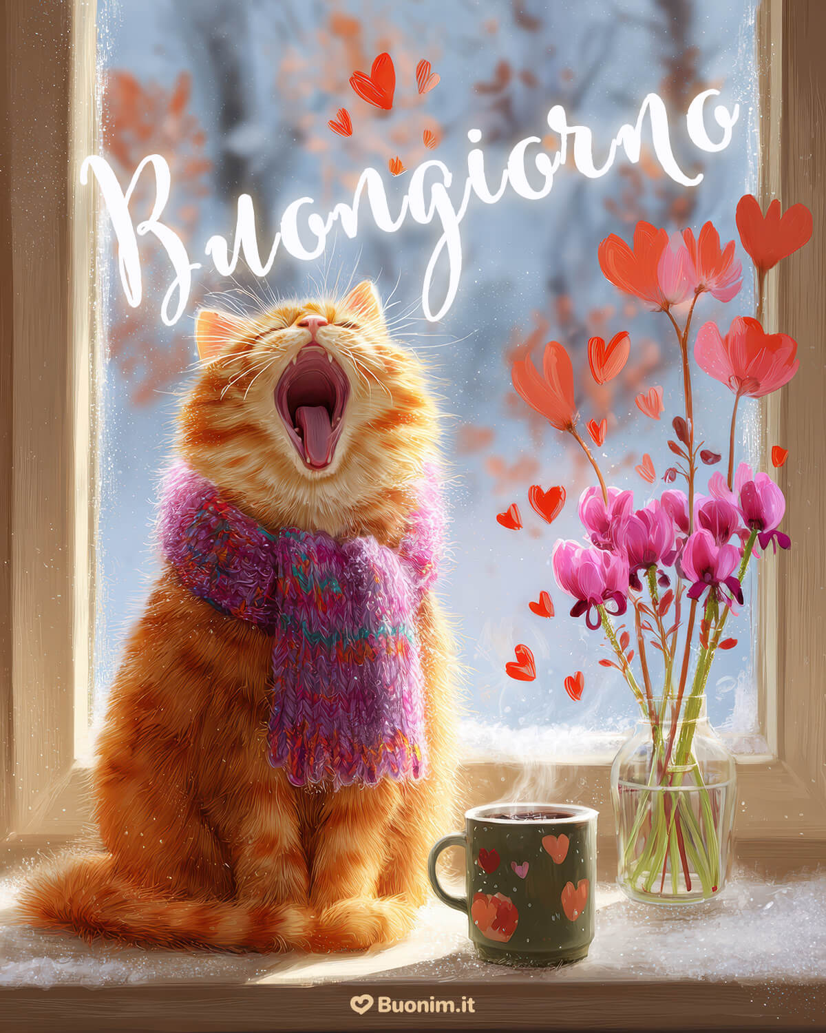 Sbadiglio dolce con Buongiorno e bacini Che risveglio tenero, tra maglione morbido, fiori e profumo di caffè. Fai le cose con calma e concediti un po’ di coccole. Ti mando un abbraccione grande.