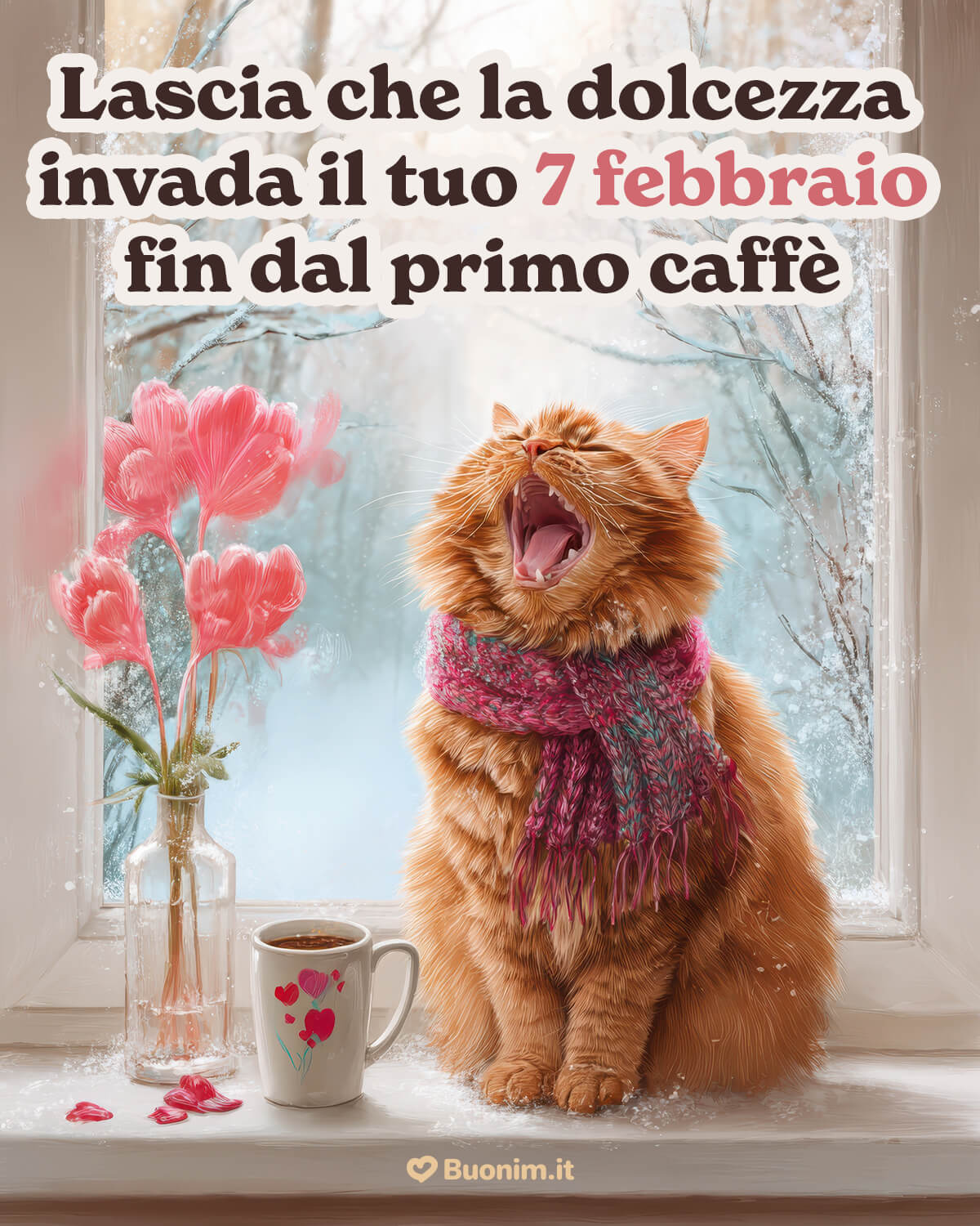 Sbadiglio tenero per il tuo 7 Febbraio Lascia che il primo caffè ti rimetta al mondo, proprio come questo gatto con la sciarpa. In questo 7 febbraio meriti coccole, pace e un sorriso che dura.