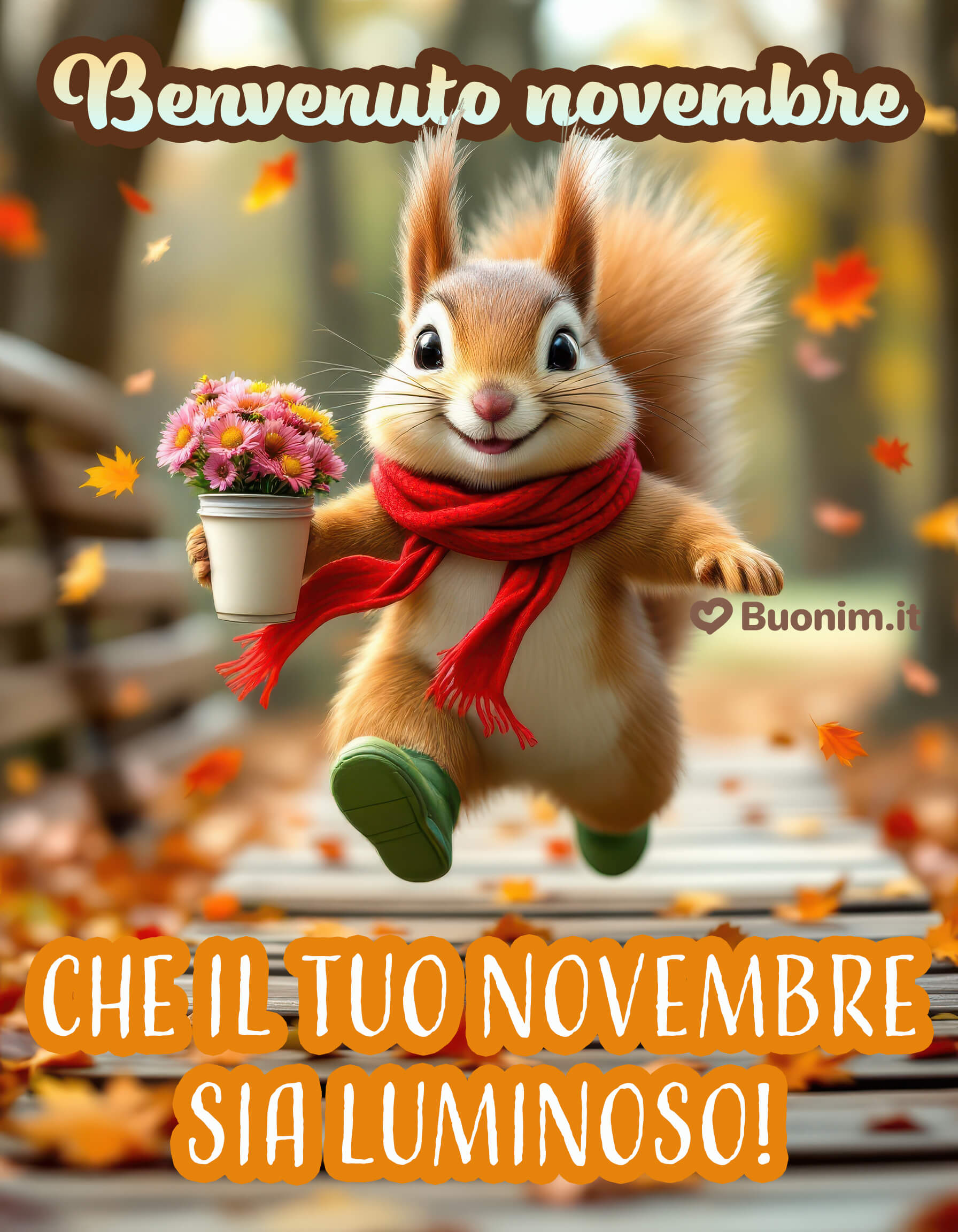 Scoiattolino con fiori dice benvenuto novembre Con passi leggeri sul ponticello e un sorriso grande, porta luce e tenerezza. Auguri autunnali e immagini di benvenuto novembre, gratis per WhatsApp, per iniziare con affetto e buonumore.