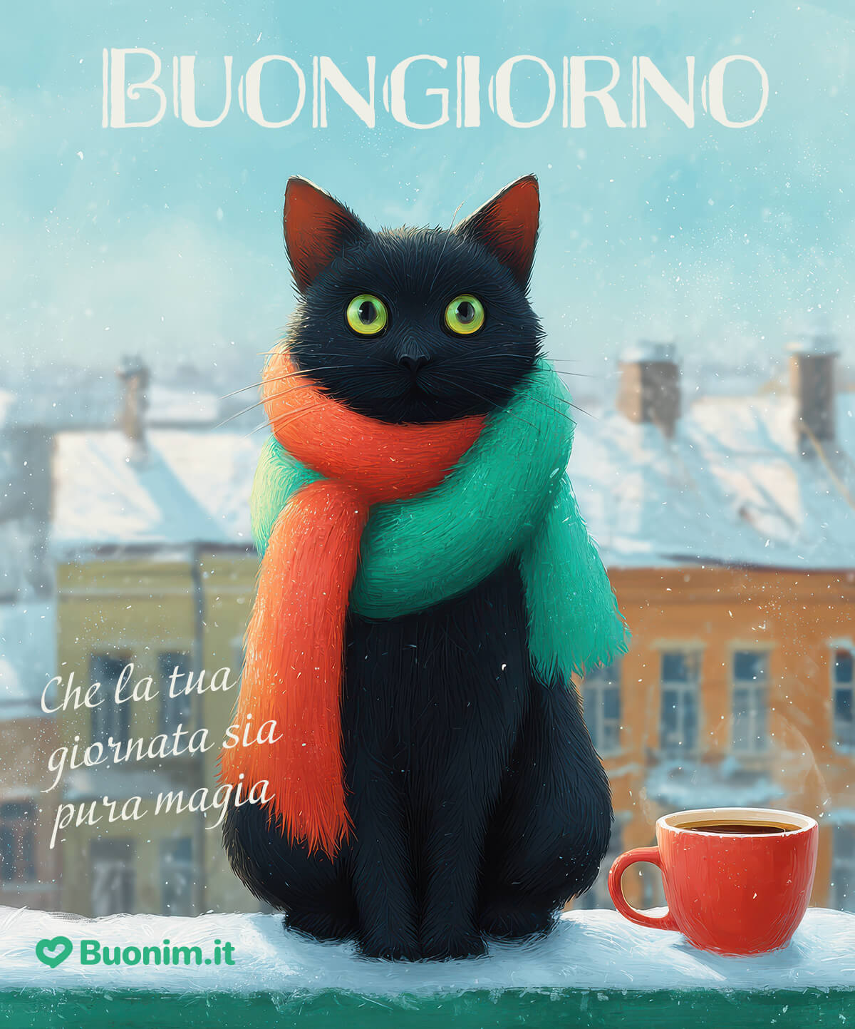 Sguardo felino e sciarpa colorata, buongiornissimo a te Che la neve resti fuori e dentro ci sia calore. Questo micetto ti manda un abbraccione e ti augura una giornata davvero magica, piena di pace.