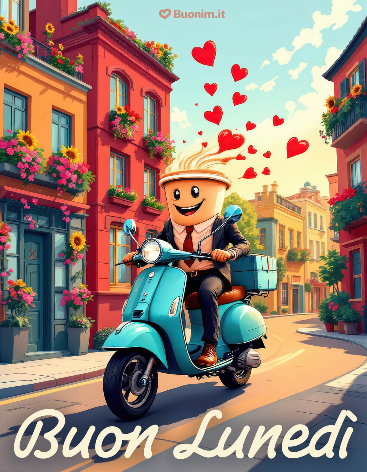Tra strade colorate e cuoricini nell’aria, arriva un lunedì più leggero. Perfetta tra le immagini originali per augurare buona settimana, con una frase speciale che mette allegria.