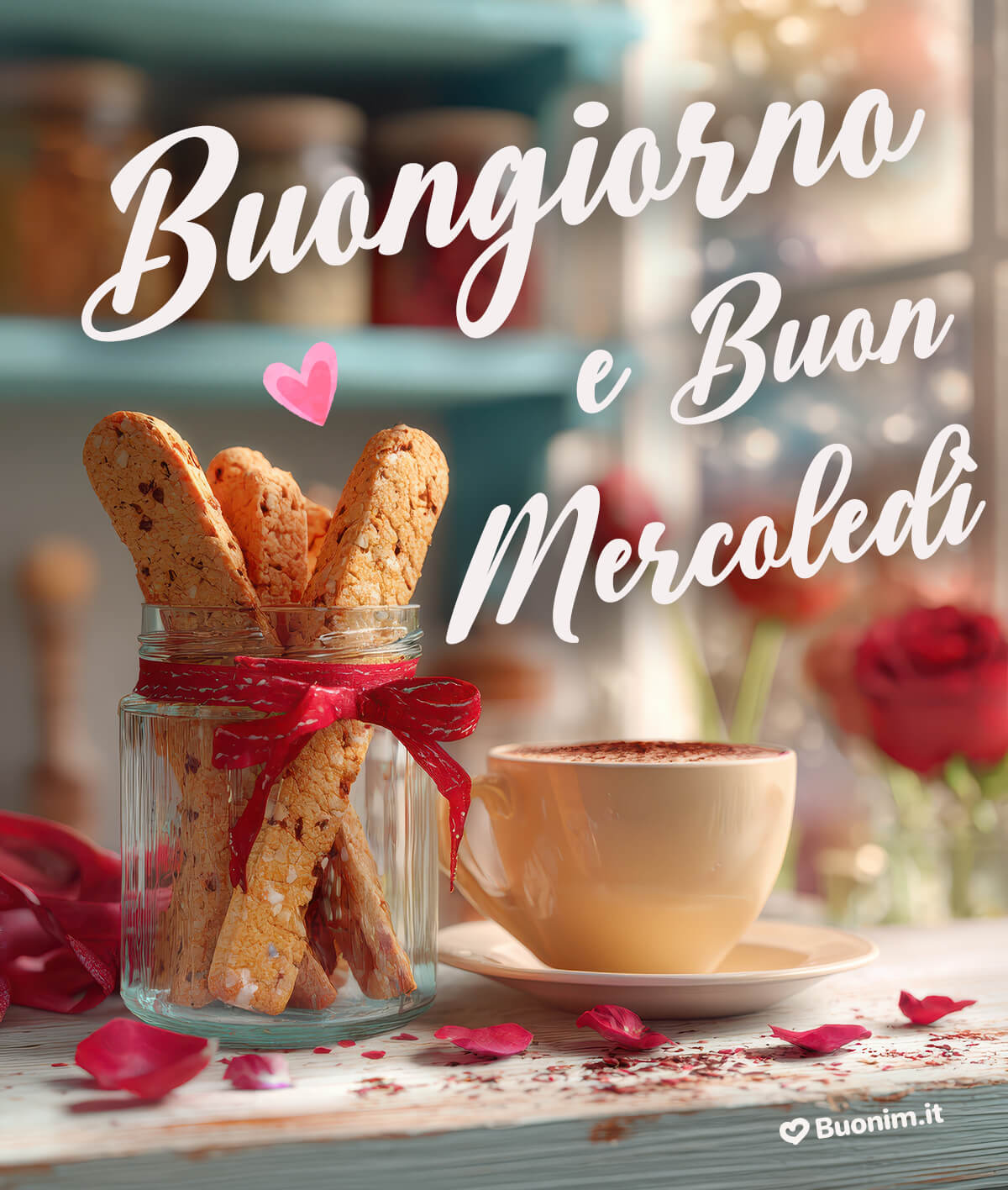 Simpaticissima immagine divertente per buongiorno e buon mercoledì Caffè cremoso e biscotti croccanti mettono subito di buonumore. Se vuoi fare un piccolo regalo, puoi condividere questa immagine per augurare buongiorno e buon mercoledì e strappare un sorriso.