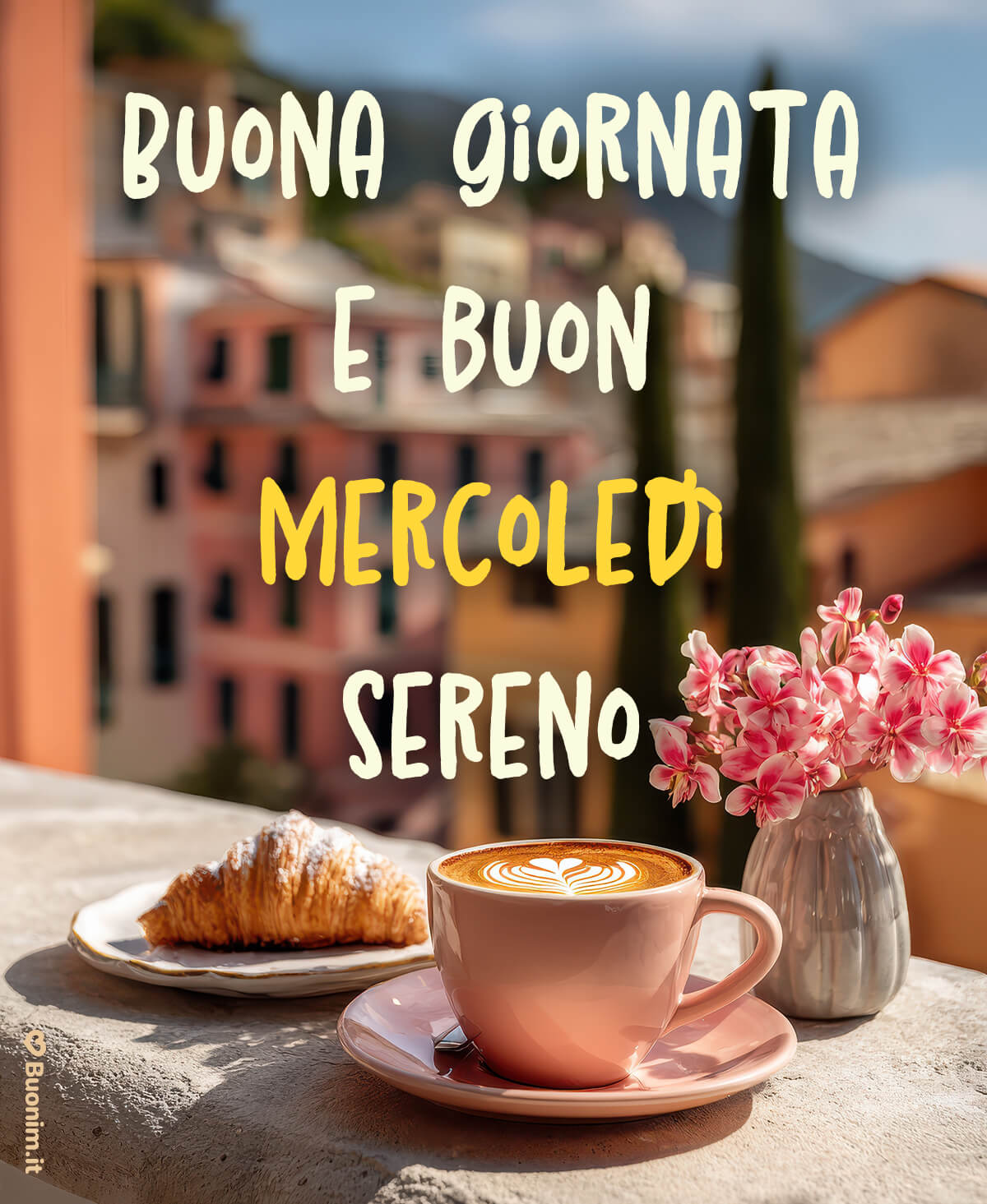 Simpatico risveglio con caffè e buon mercoledì Profumo di caffè e cornetto, tra fiori e luce, porta calma al tuo mercoledì. Tra le cartoline di buongiorno del mercoledì da inviare su WhatsApp, questa regala serenità.