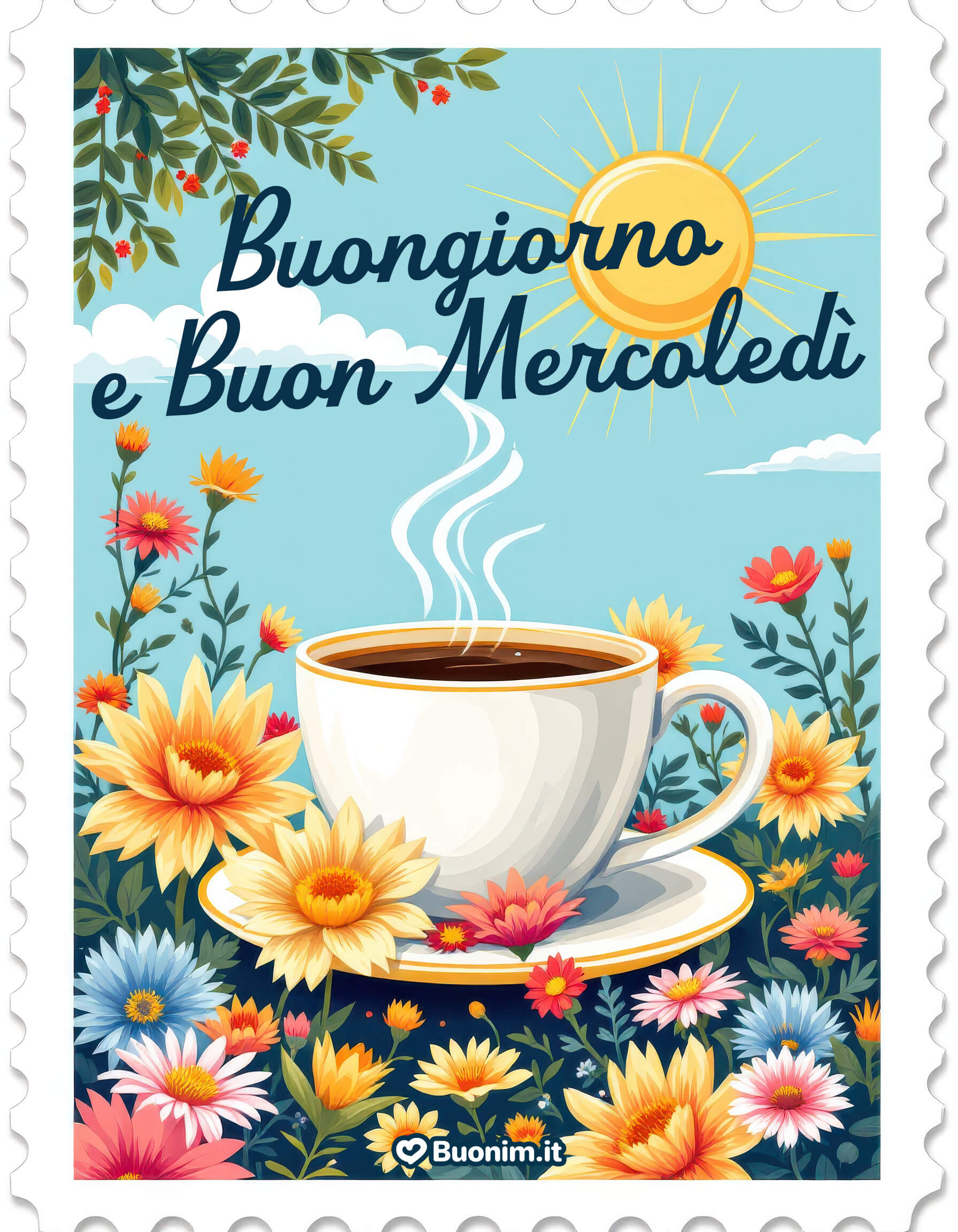 Sole, caffè e fiori per un mercoledì top Profumo di caffè caldo tra fiori e luce del mattino: che il tuo mercoledì scorra leggero, pieno di energia, serenità e dolcezza. Condividi un buongiornissimo e regala un abbraccio col cuore a chi ami.