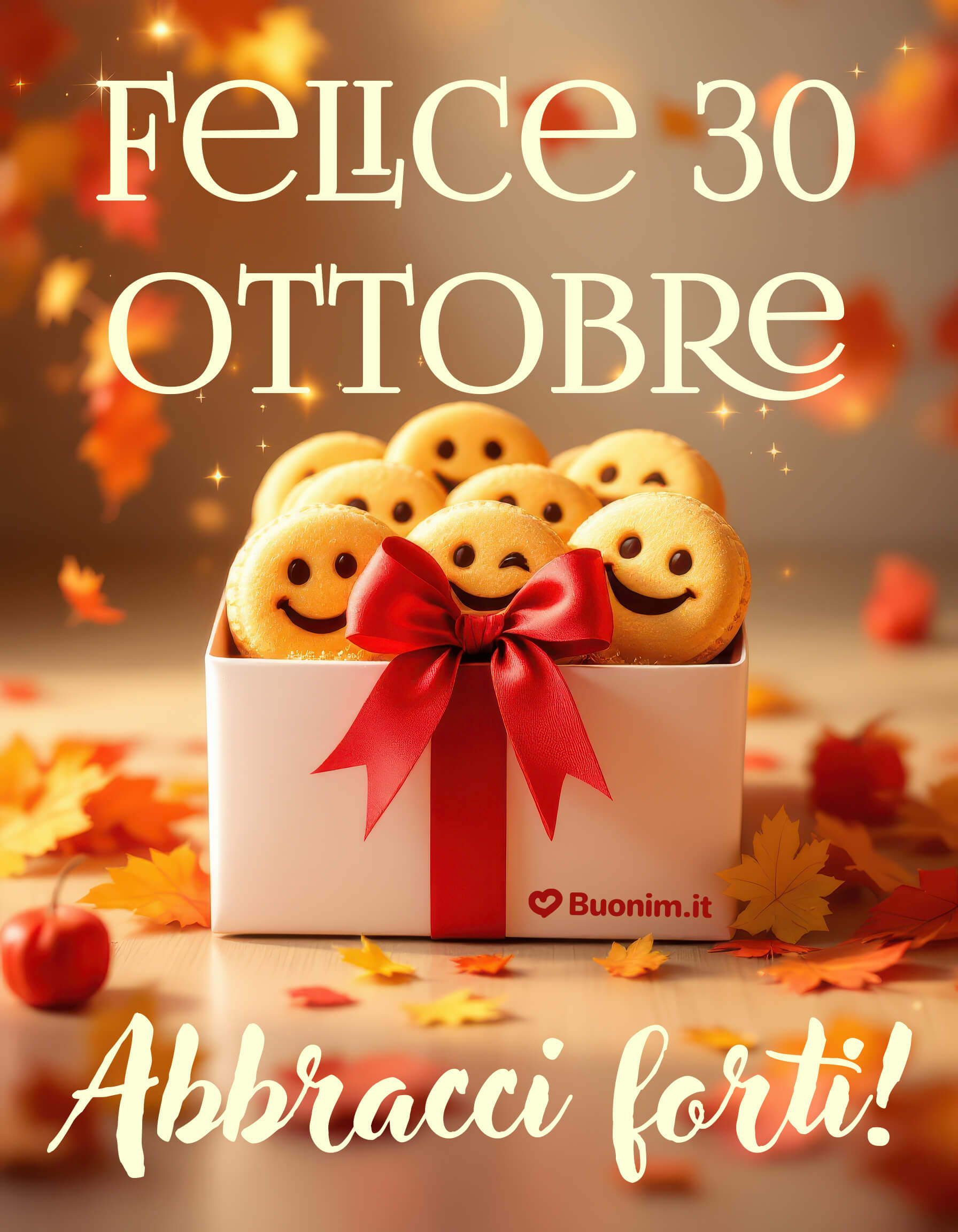 Felice 30 ottobre, un abbraccio di biscotti Sorrisi croccanti e un nastro rosso portano buonumore. Scarica l’immagine e manda un abbraccione a chi vuoi bene