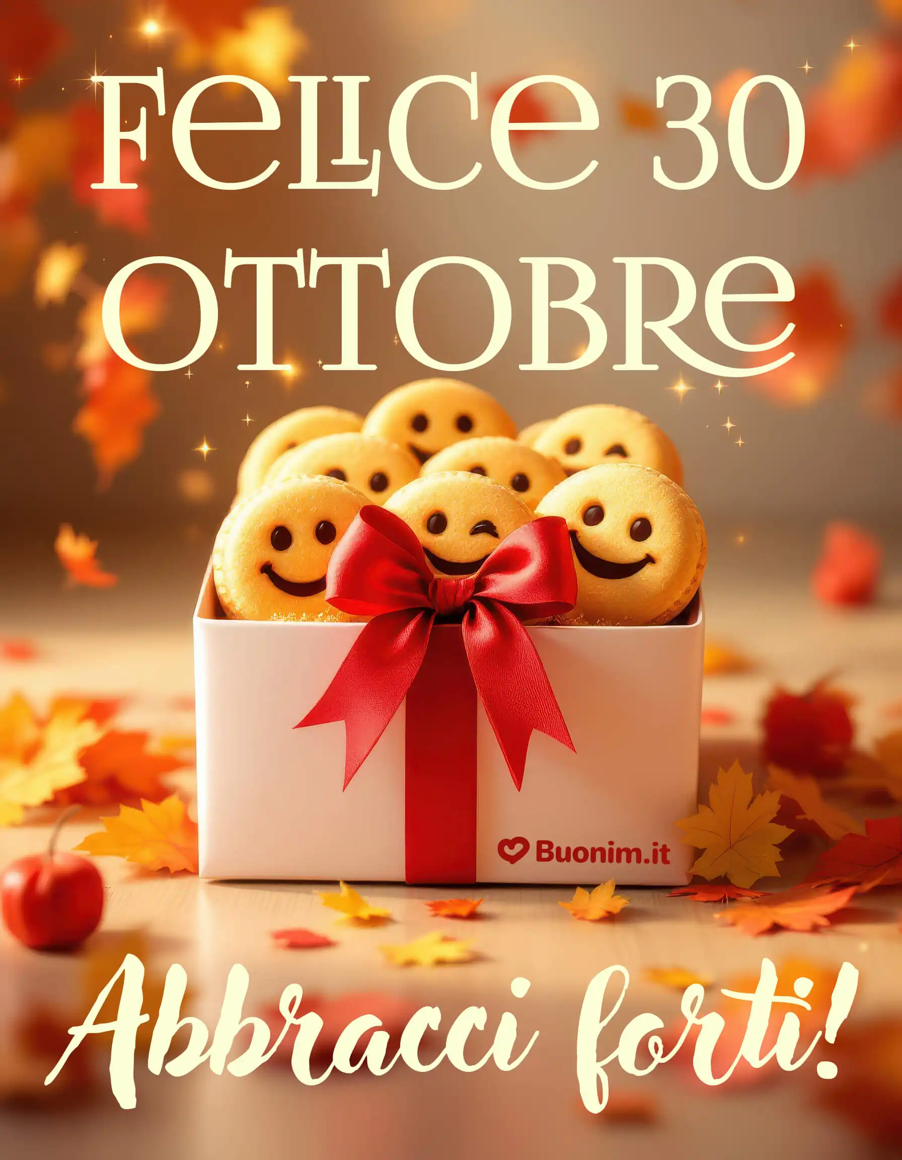 Felice 30 ottobre, un abbraccio di biscotti Sorrisi croccanti e un nastro rosso portano buonumore. Scarica l’immagine e manda un abbraccione a chi vuoi bene