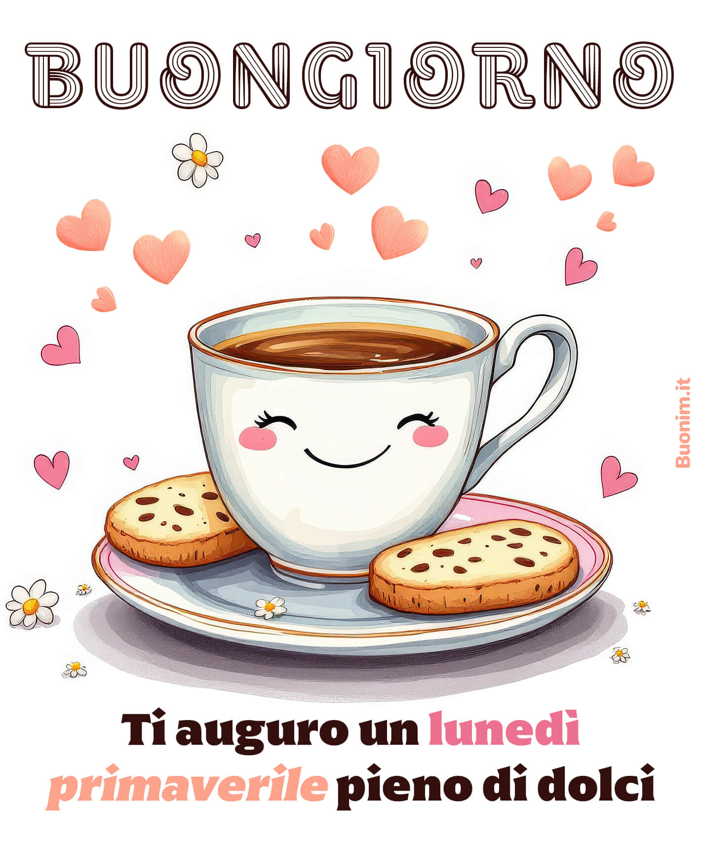 Sorriso al mattino con dolci e baci Basta poco per partire bene, un buongiorno sincero e un pensiero carino. Ti auguro serenità e dolcezza in questo lunedì di primavera, ideale da condividere su WhatsApp.