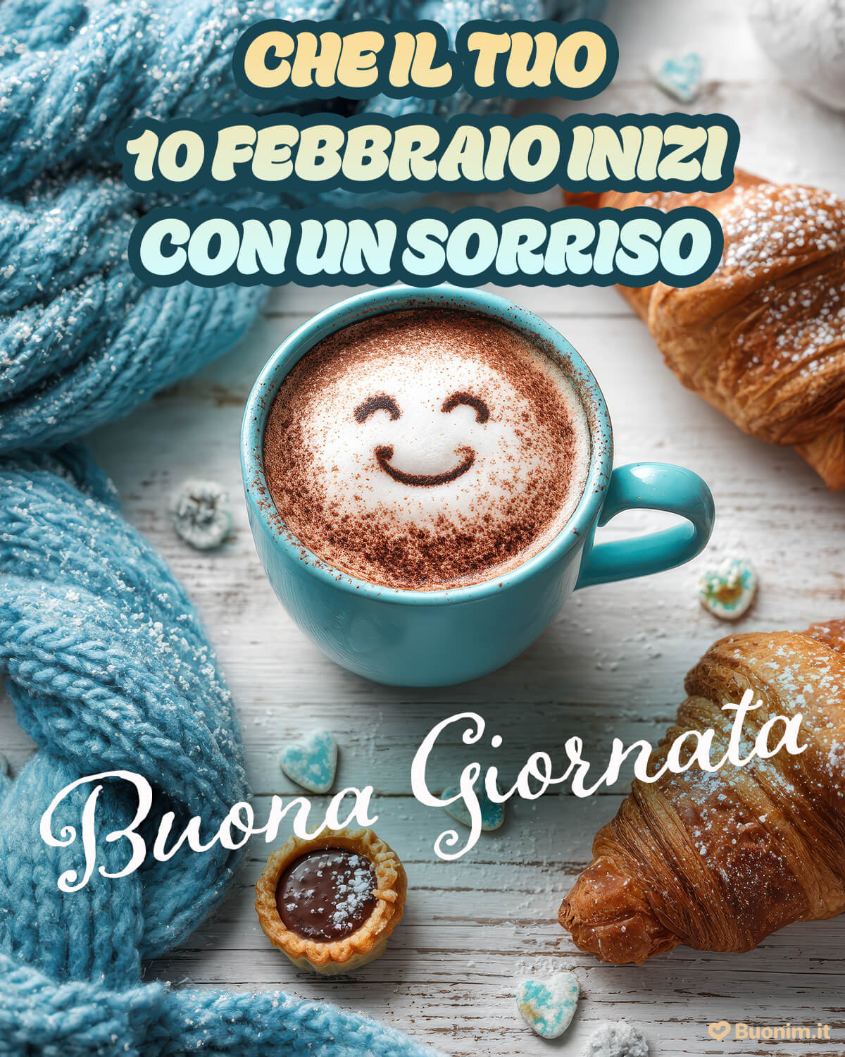 Sorriso nel cappuccino per iniziare bene Oggi lascia che quel cappuccino sorridente ti dia la carica. Tra sciarpa morbida e brioche, prenditi cinque minuti di pace. Felice 10 febbraio, bacini e serenità.