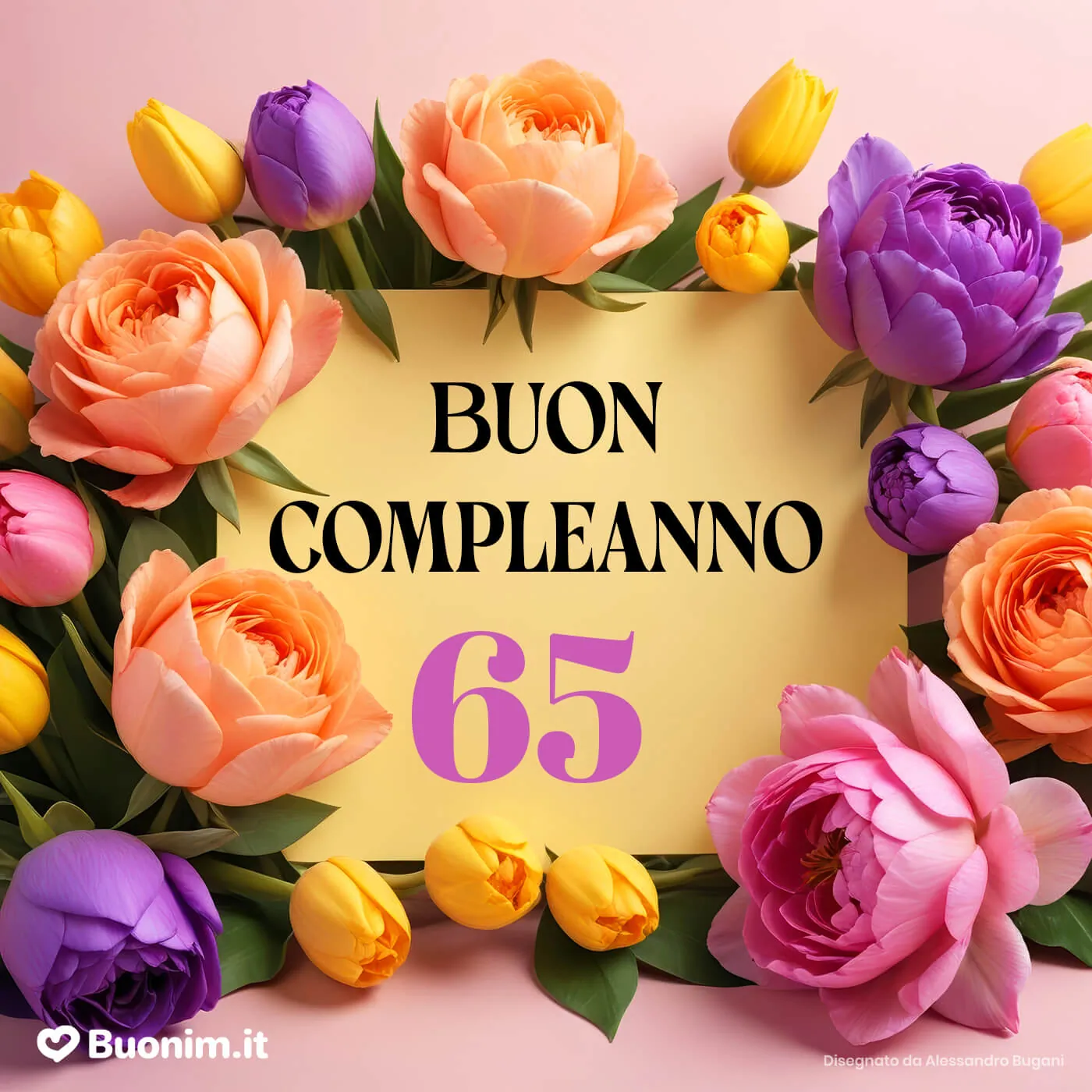 Su Buonim trovi immagini con auguri di buon compleanno per una donna di 65 anni da scaricare gratis e inviare in pochi secondi