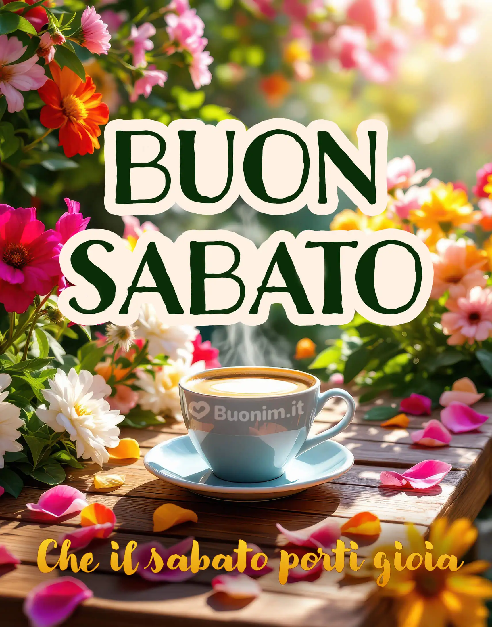 Tanti fiori vivaci e una tazza di caffè che profuma di felicità. Condividi questa immagine per augurare un sabato pieno di luce e sorrisi
