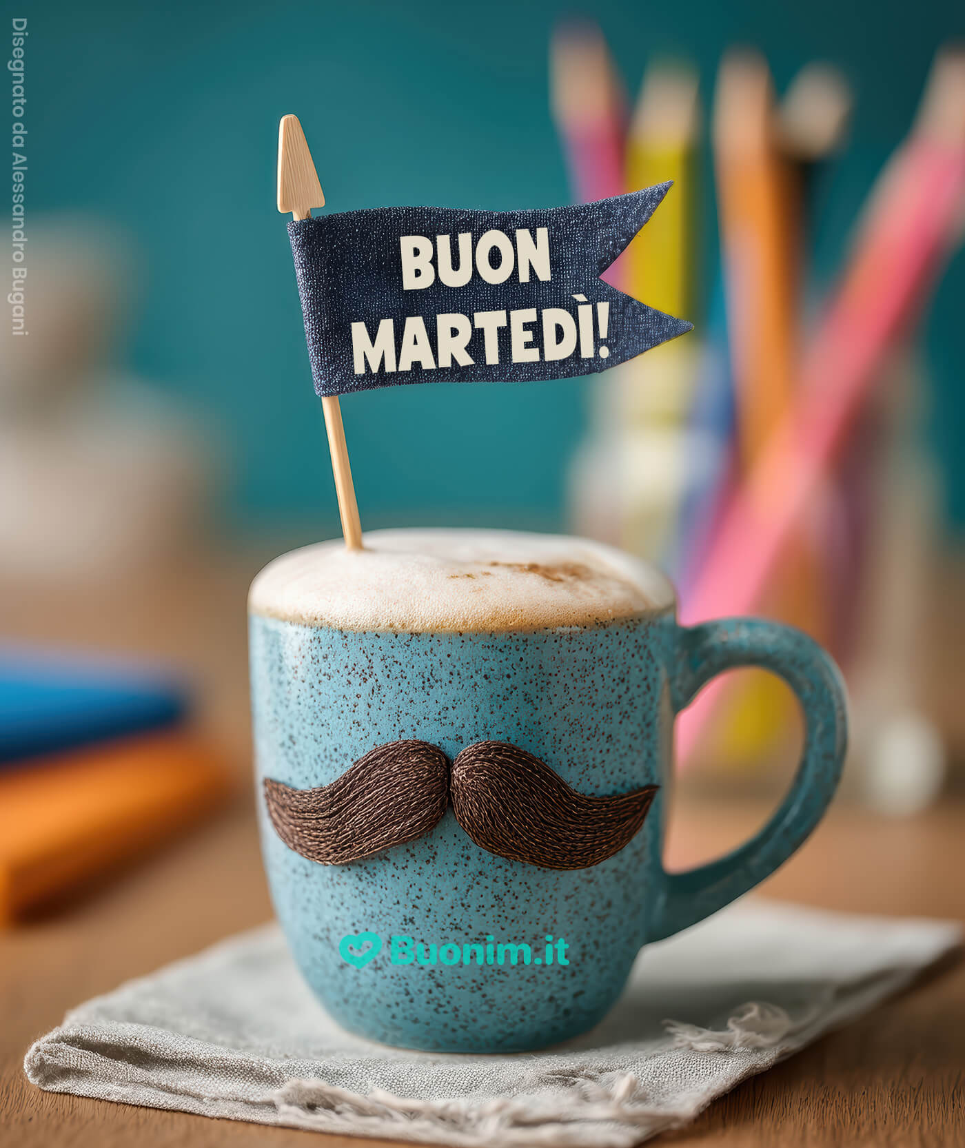 Tazza baffuta per un martedì di buonumore Tra schiuma morbida e baffi simpatici, il caffè ti strappa un sorriso. Ti auguro un martedì produttivo e sereno, perfetto da inviare a chi lavora con te.