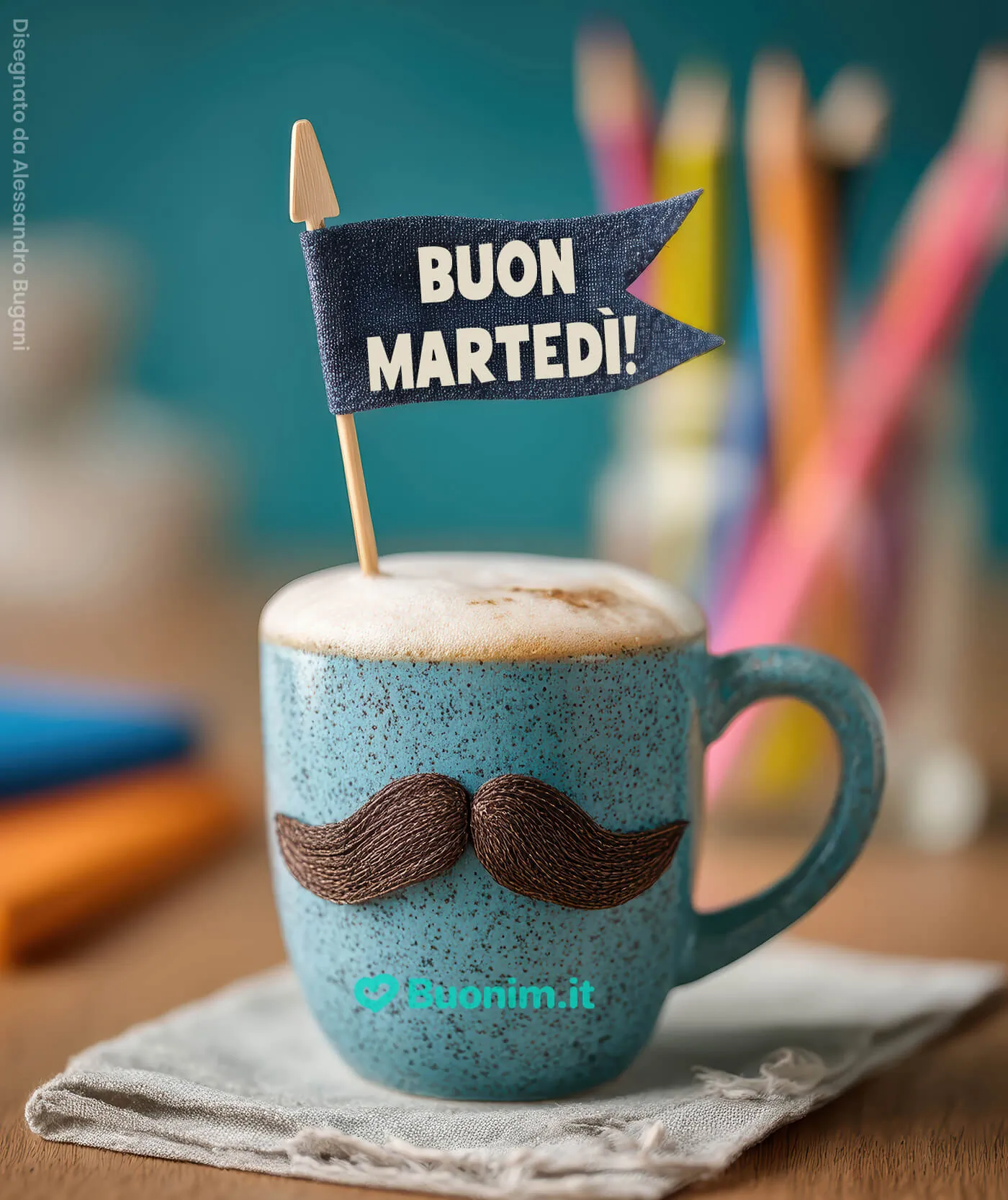 Tra schiuma morbida e baffi simpatici, il caffè ti strappa un sorriso. Ti auguro un martedì produttivo e sereno, perfetto da inviare a chi lavora con te.