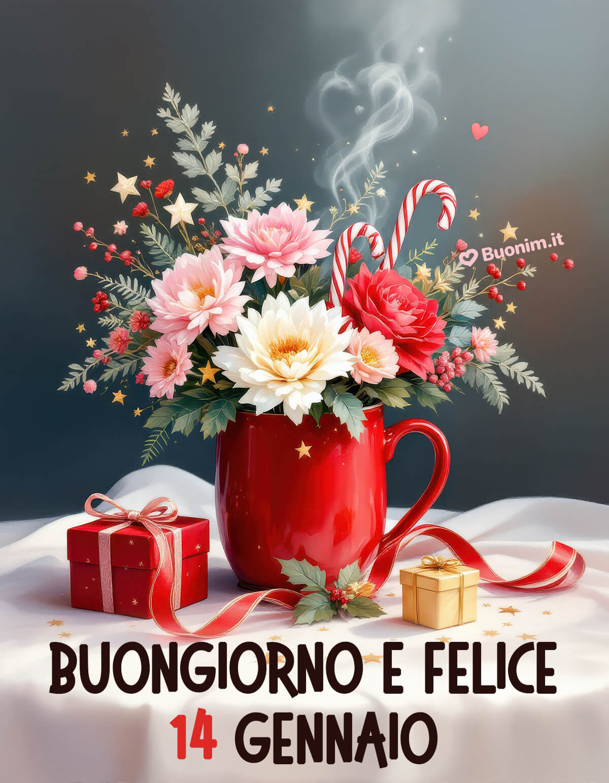 Tazza festosa per un felice 14 gennaio Profumo di fiori nella tazza rossa e un pensiero in regalo. Buongiorno e felice 14 gennaio, che sia pieno di coccole, piccole sorprese e luce, per te e la tua famiglia.