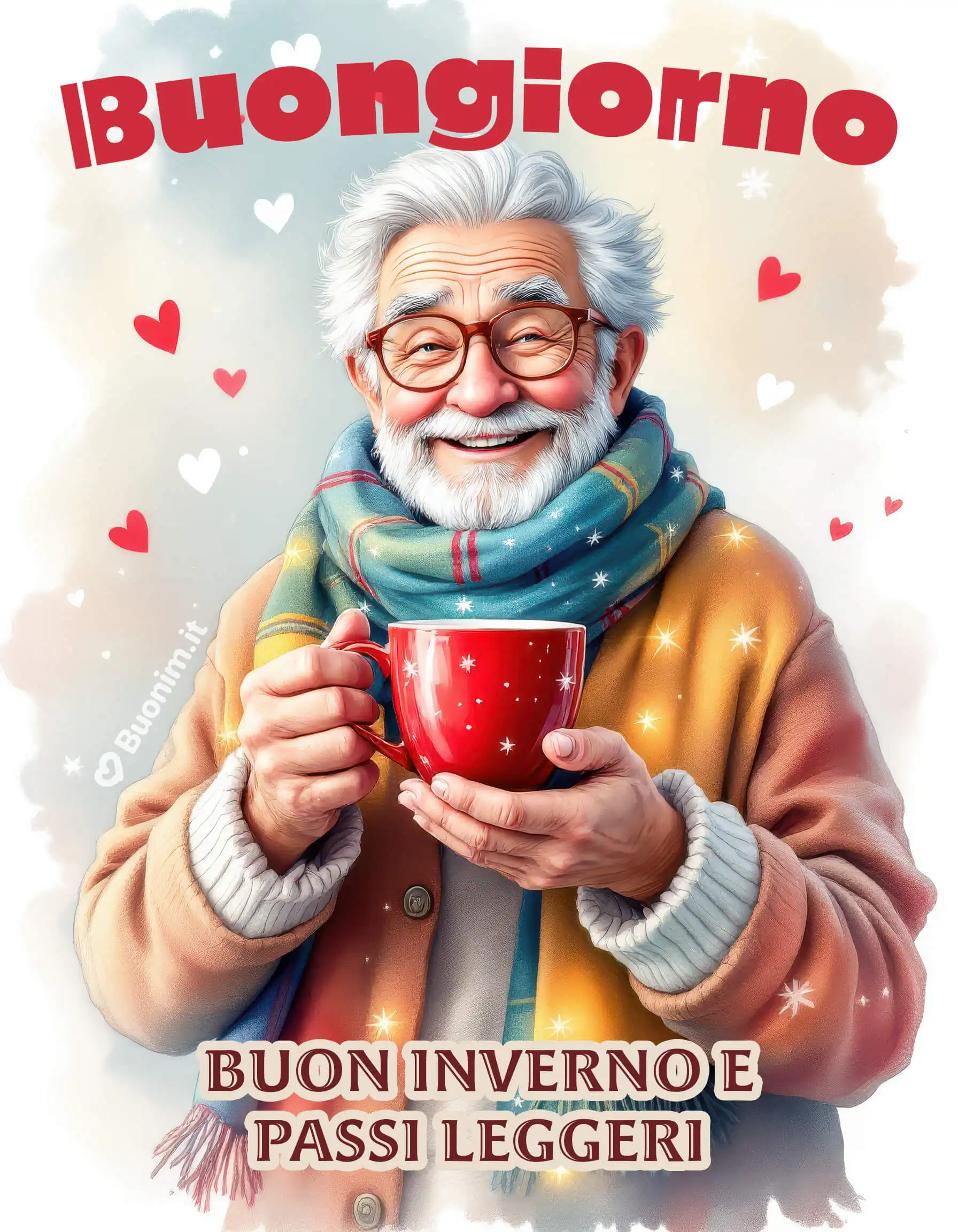 Calore buono tra mani gentili, cuoricini che brillano e una sciarpa morbida per partire con il piede giusto. Ti mando serenità e un abbraccione per tutta la giornata.