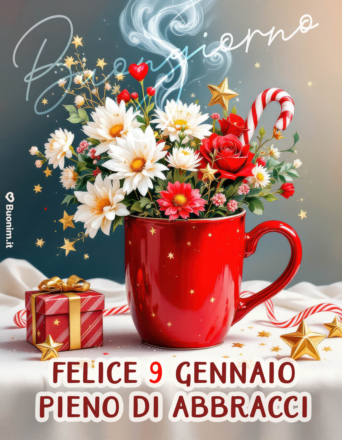Sulla tovaglia bianca spicca la tazza rossa piena di fiori e stelline che porta con sé gli auguri per il 9 gennaio, abbracci stretti, sorrisi condivisi e un abbraccione speciale per te.