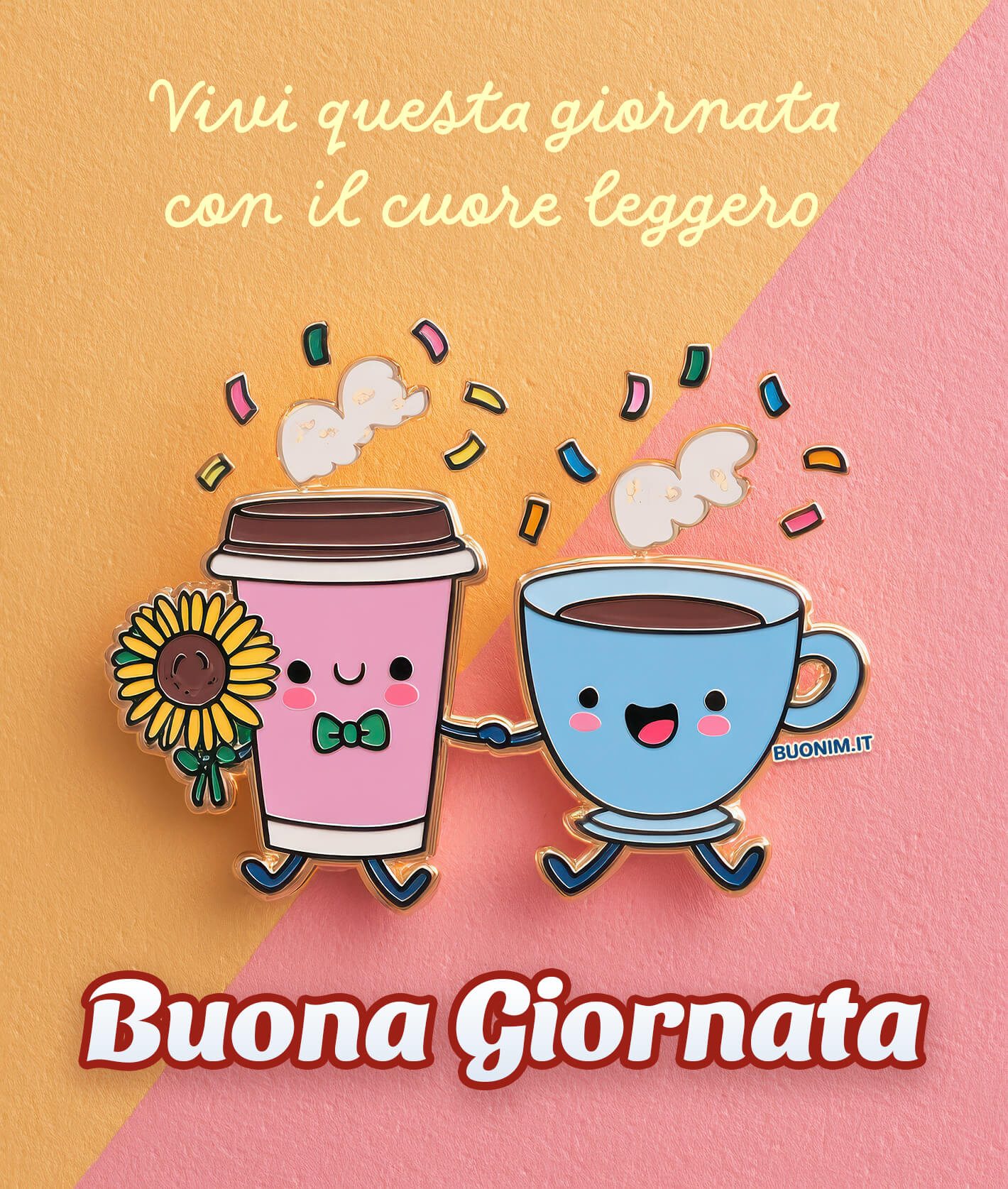 Tazze in cammino per una buona giornata Colori morbidi, faccine felici e un girasole tra le mani fanno subito festa. Che il 17 febbraio ti porti allegria, leggerezza nel cuore e belle emozioni.
