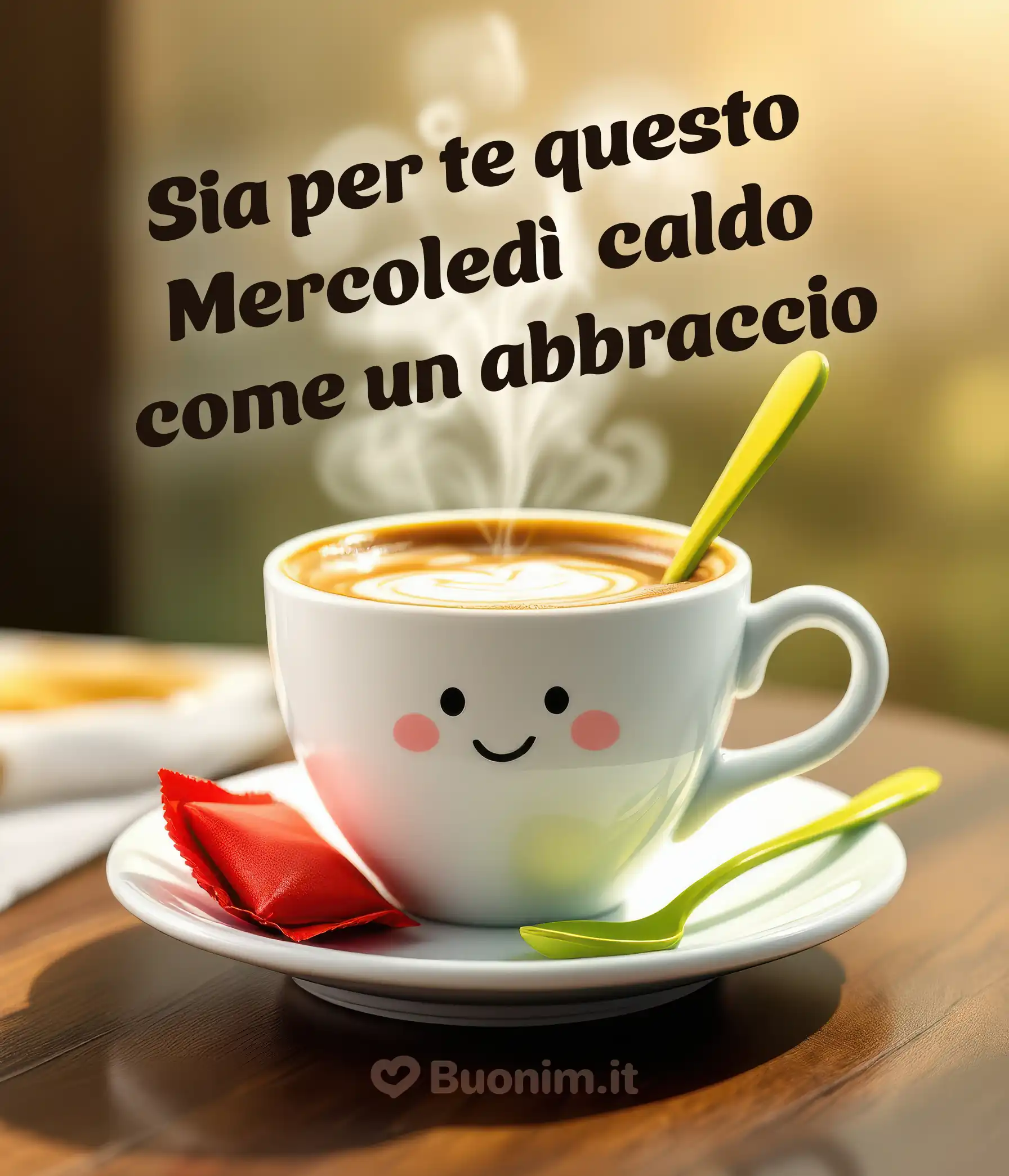 In questo freddo d’inverno, un cappuccino sorridente ti avvolge come un abbraccio e porta auguri di serenità per tutto il mercoledì. Un’immagine perfetta da mandare a chi ami quando vuoi augurare un buon mercoledì pieno di calore.