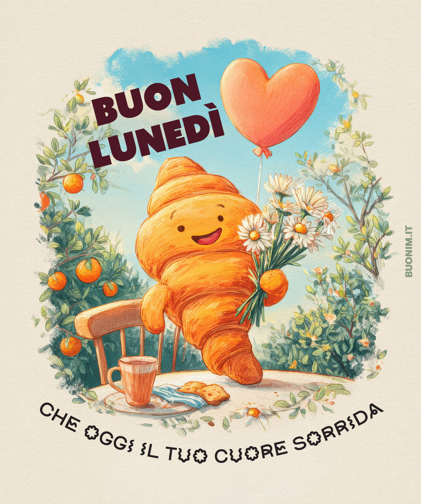 Questo dolce coniglietto alza un cuore verso il cielo, portando allegria nel giardino del lunedì. Cuor mio, ti auguro buongiorno con amore, tenerezza, fortuna e sorrisi capaci di durare.