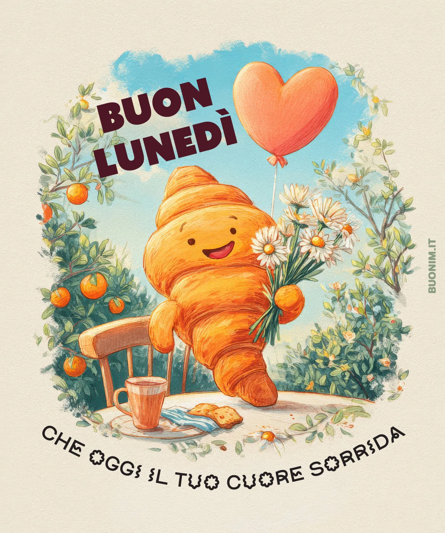 Questo dolce coniglietto alza un cuore verso il cielo, portando allegria nel giardino del lunedì. Cuor mio, ti auguro buongiorno con amore, tenerezza, fortuna e sorrisi capaci di durare.