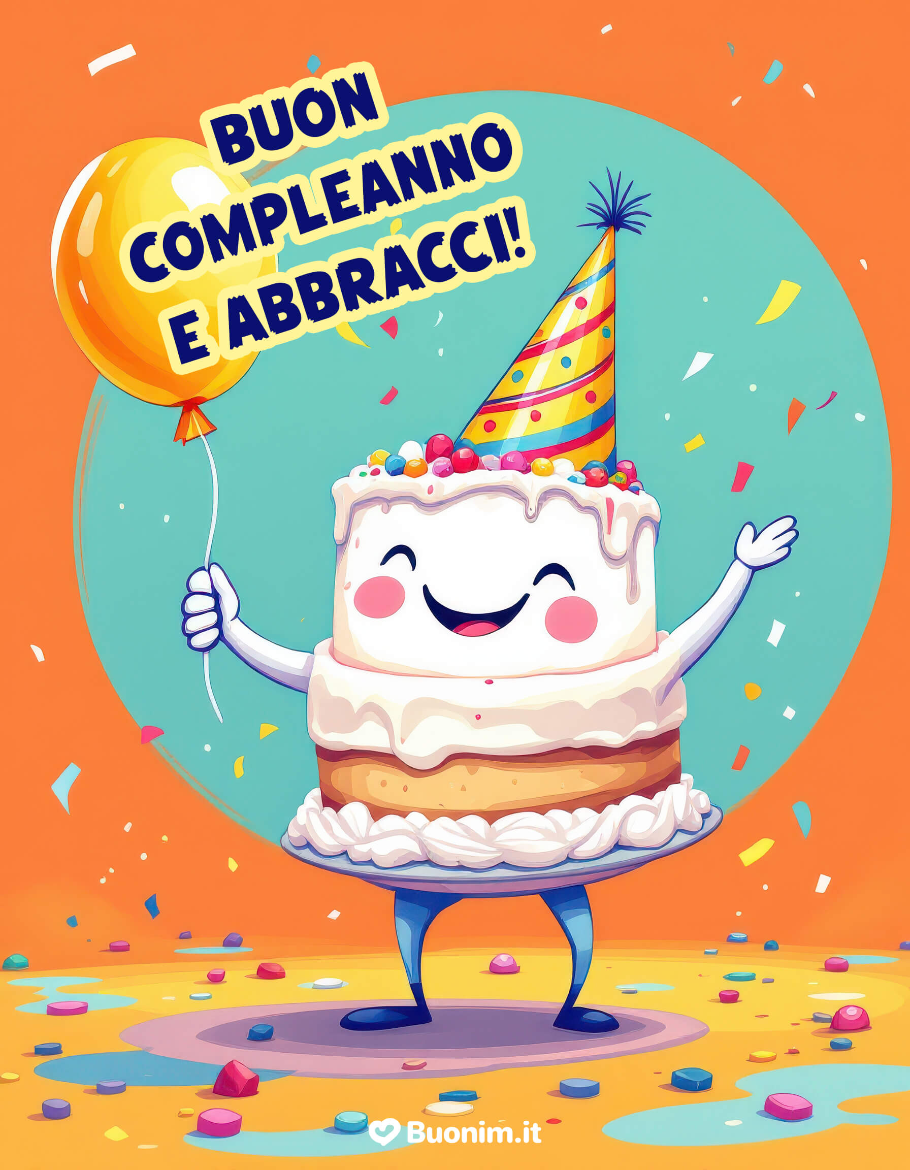 Torta simpatica con palloncino e buon compleanno Sorrisi zuccherini e briciole di felicità che volano nell’aria. Ti mando un abbraccione e auguri dolcissimi da condividere con chi ami. Oggi si festeggia alla grande.