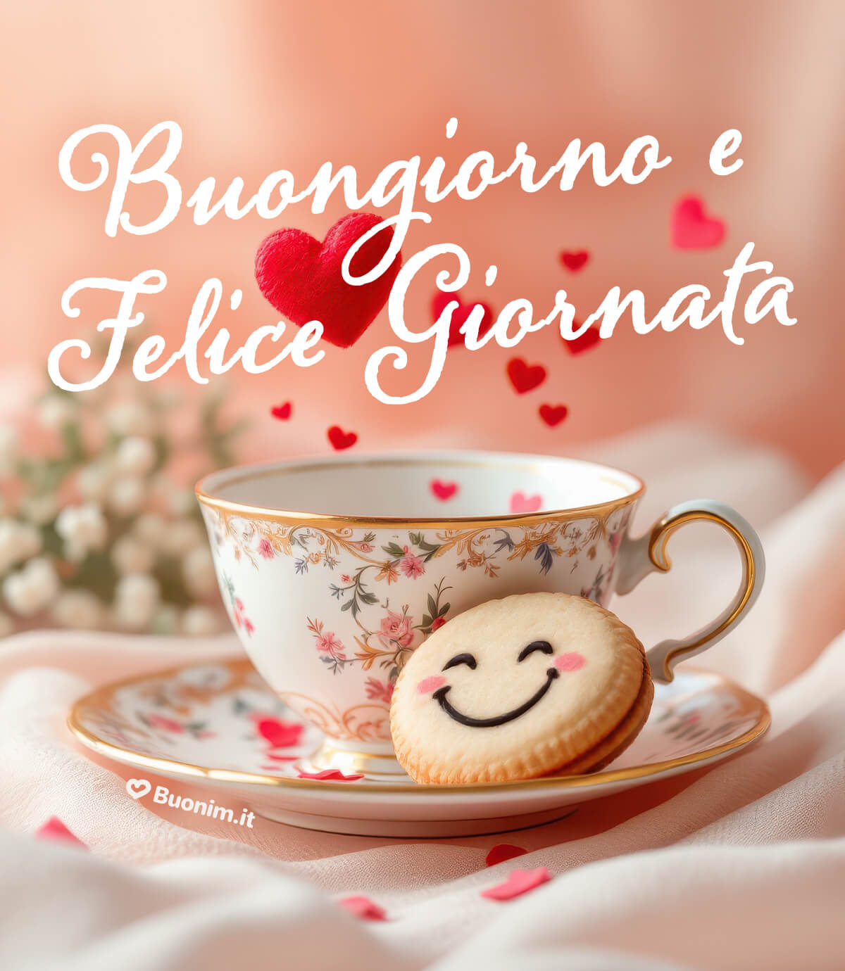 Tra amici, un dolce buongiorno pieno di cuore Con questa tazzina elegante e il biscotto sorridente ti penso con affetto. È un'immagine di buongiorno con il cuore, ideale da mandare agli amici.