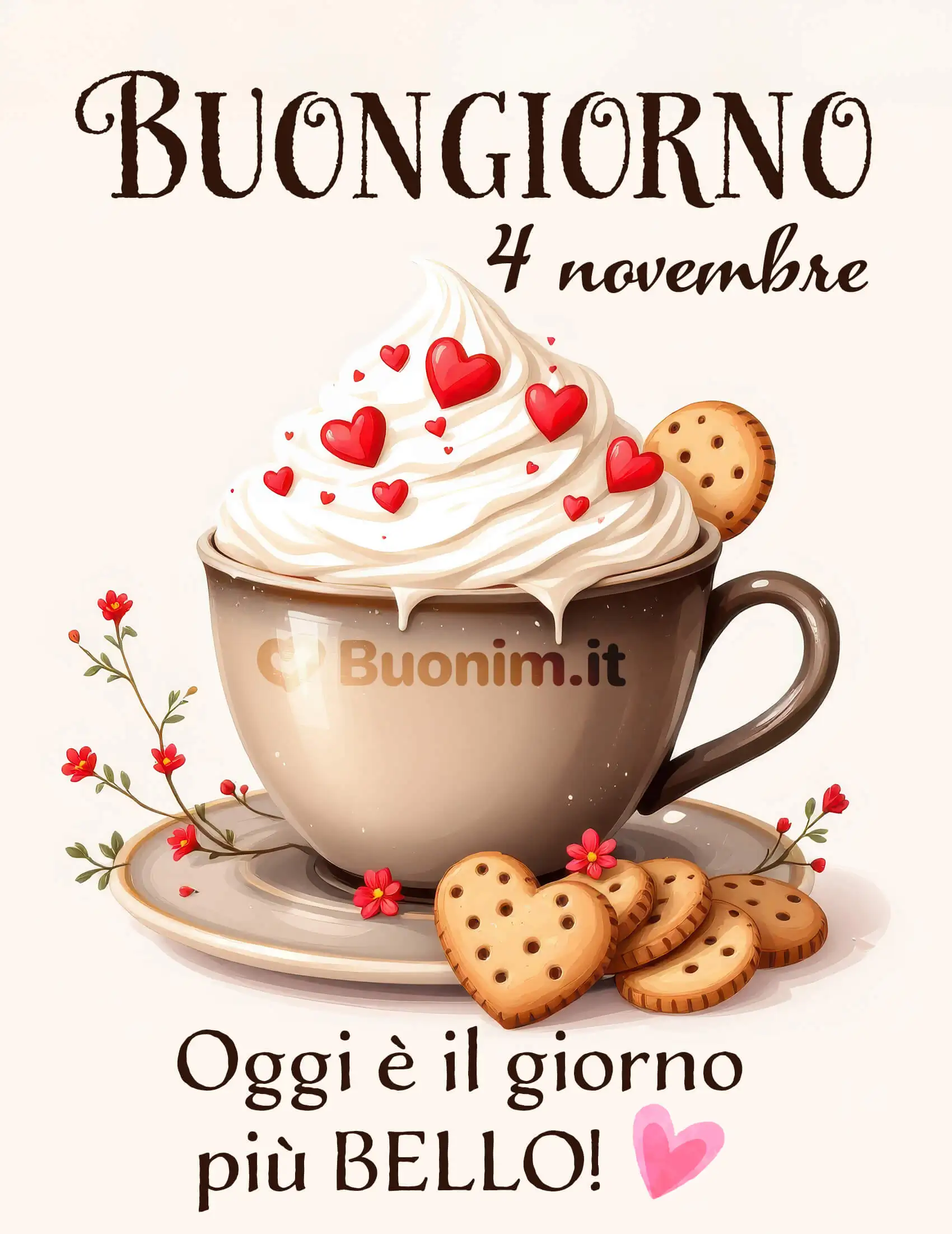 Tra biscotti a forma di cuore e panna soffice nasce un messaggio dal cuore. Oggi coccolati con amore e condividi l’immagine per regalare buonumore su WhatsApp.