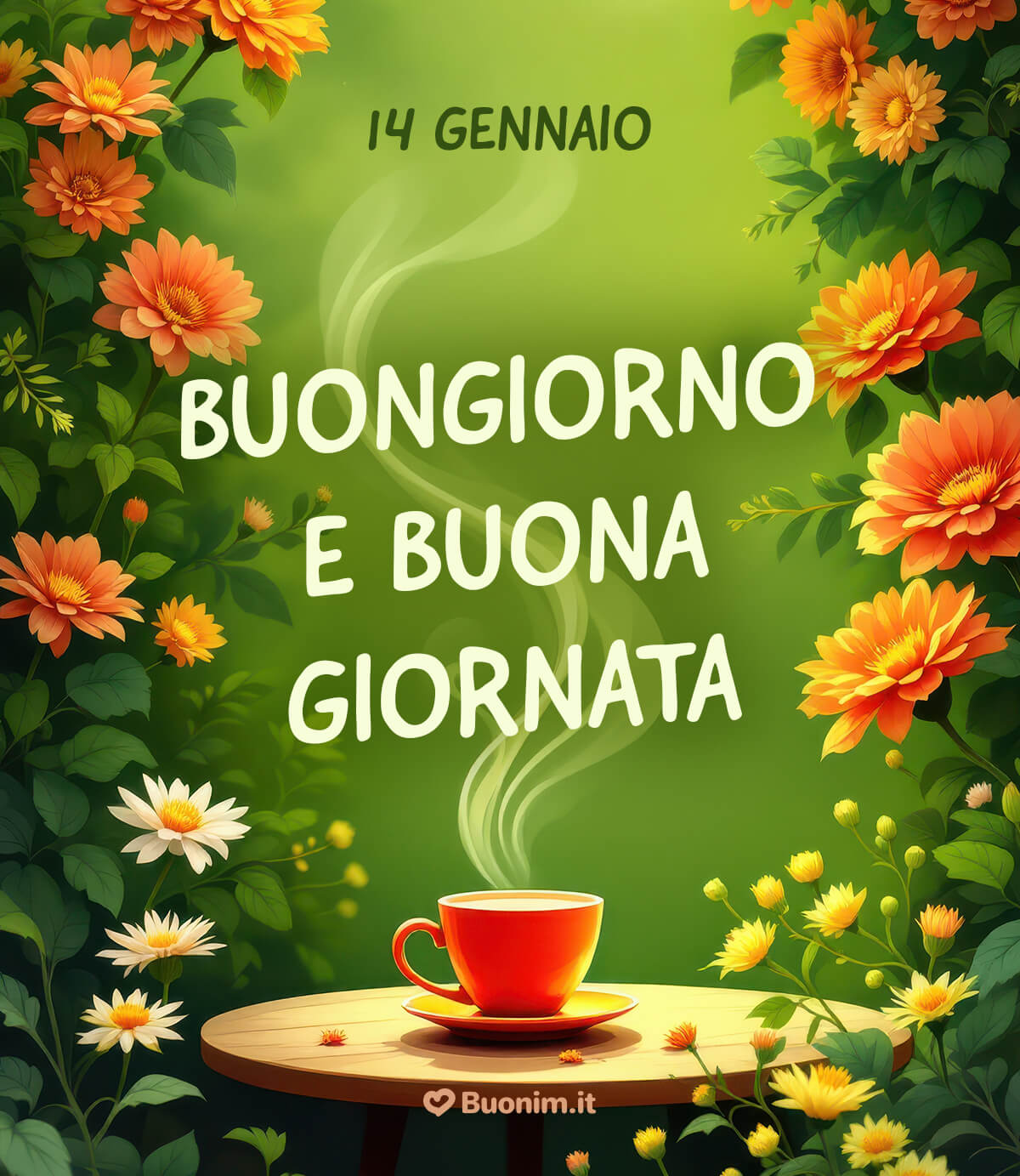 Tra fiori e vapore, buona giornata oggi Sullo sfondo verde, i fiori scaldano gli occhi e la tazzina fuma piano. Ti auguro una buona giornata il 14 gennaio, con calma, sorrisi sinceri e tanta pace.