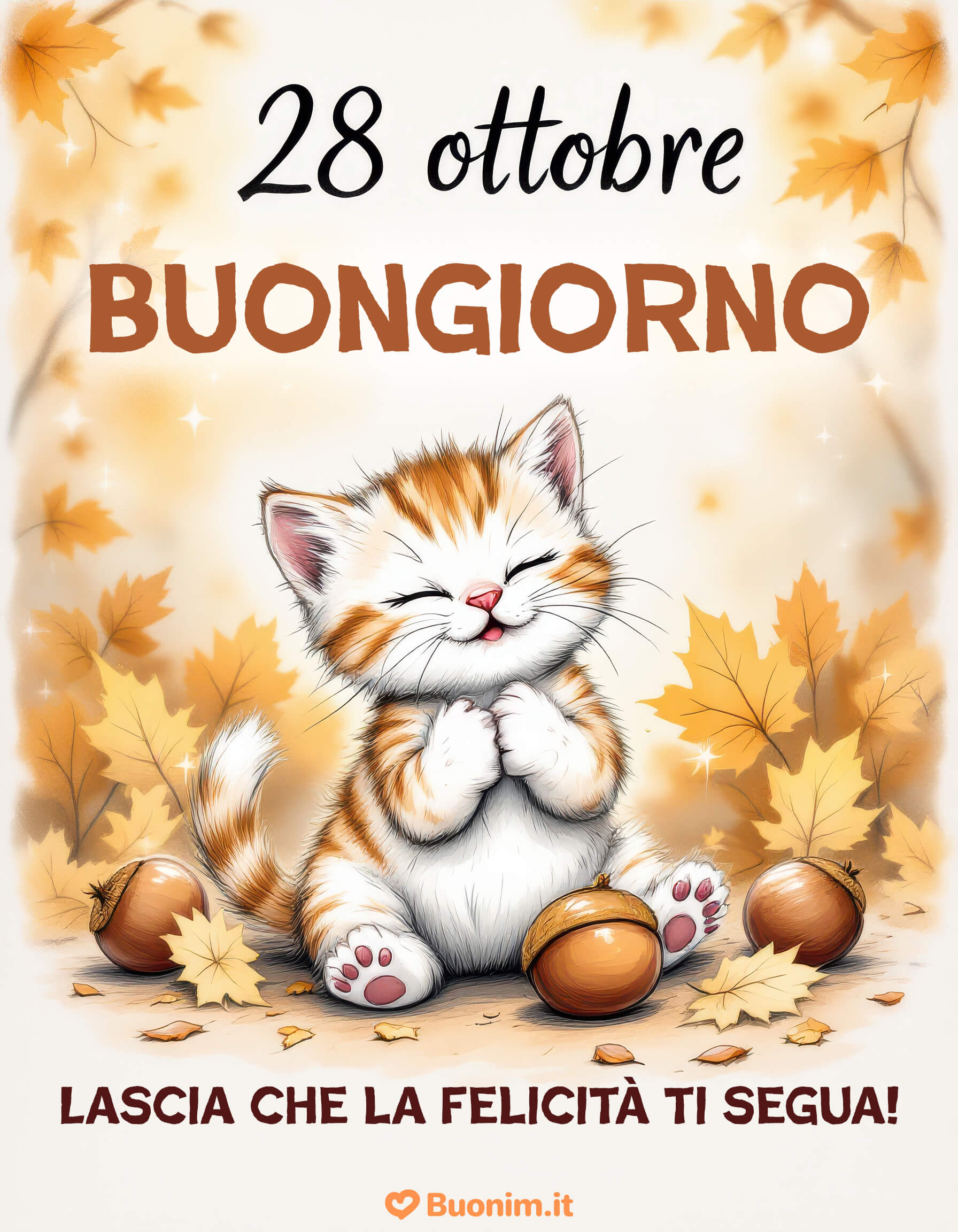 Buon 28 ottobre con il micetto felice Tra foglie d’autunno e zampine sul cuore lascia che la felicità ti segua tutto il giorno scarica e manda questa dolcezza a chi ami