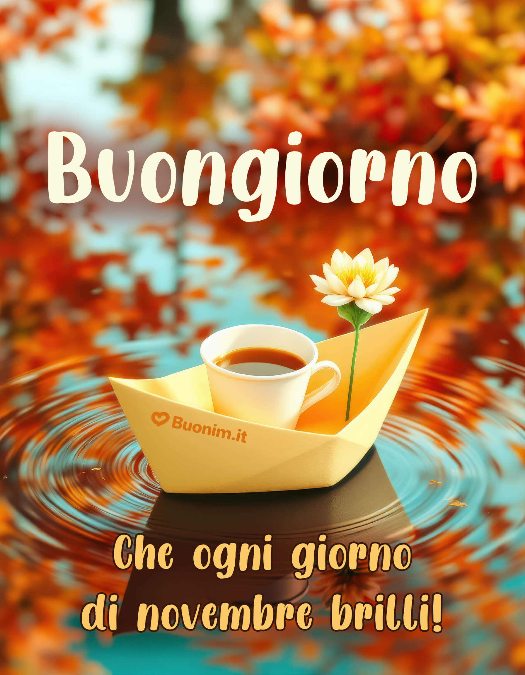 Immagini di buongiorno novembre con dolce ispirazione Tra i riflessi caldi delle foglie nasce un augurio di serenità. Che il tuo novembre brilli di luce gentile e di piccoli momenti felici. Scarica gratis per WhatsApp e condividi un buongiorno pieno d’amore.
