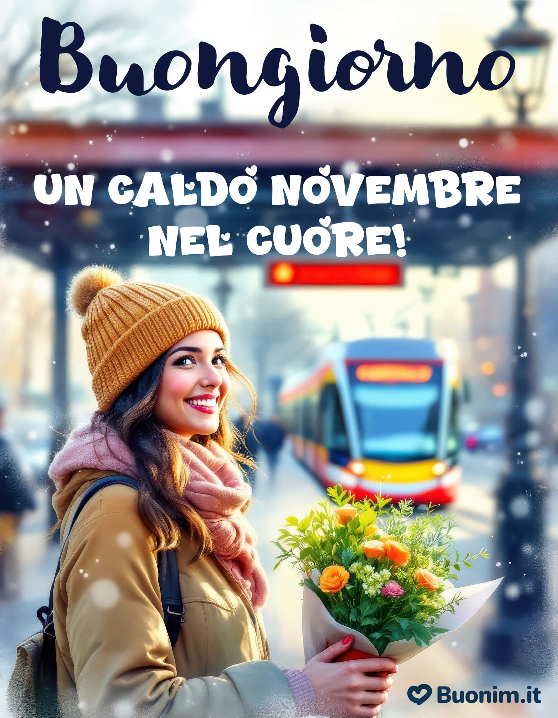 Sorriso caldo e fiori per un novembre speciale Tra il freddo in città spunta un raggio d’amore e di colore. Che la giornata profumi di gratitudine e serenità, con un abbraccio che scalda il cuore. Condividi questa immagine e porta buonumore ovunque tu vada.