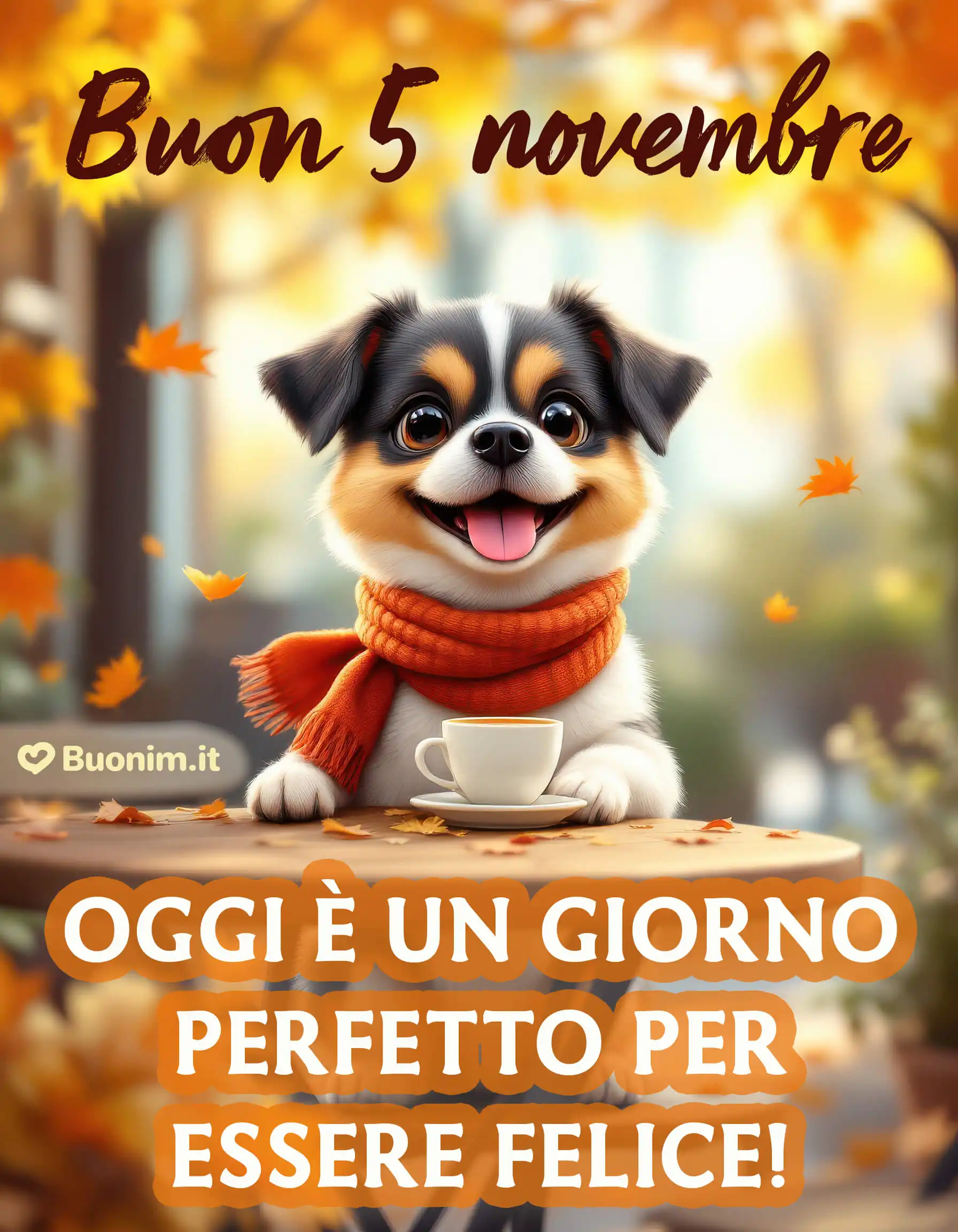 Buongiornissimo 5 novembre col cagnolino felice Tra le foglie d’autunno e la sciarpa arancione ti arriva un abbraccione. Oggi è il giorno perfetto per sorridere e brillare, scarica le più belle immagini di buongiorno del 5 novembre gratis per WhatsApp e spargi serenità.