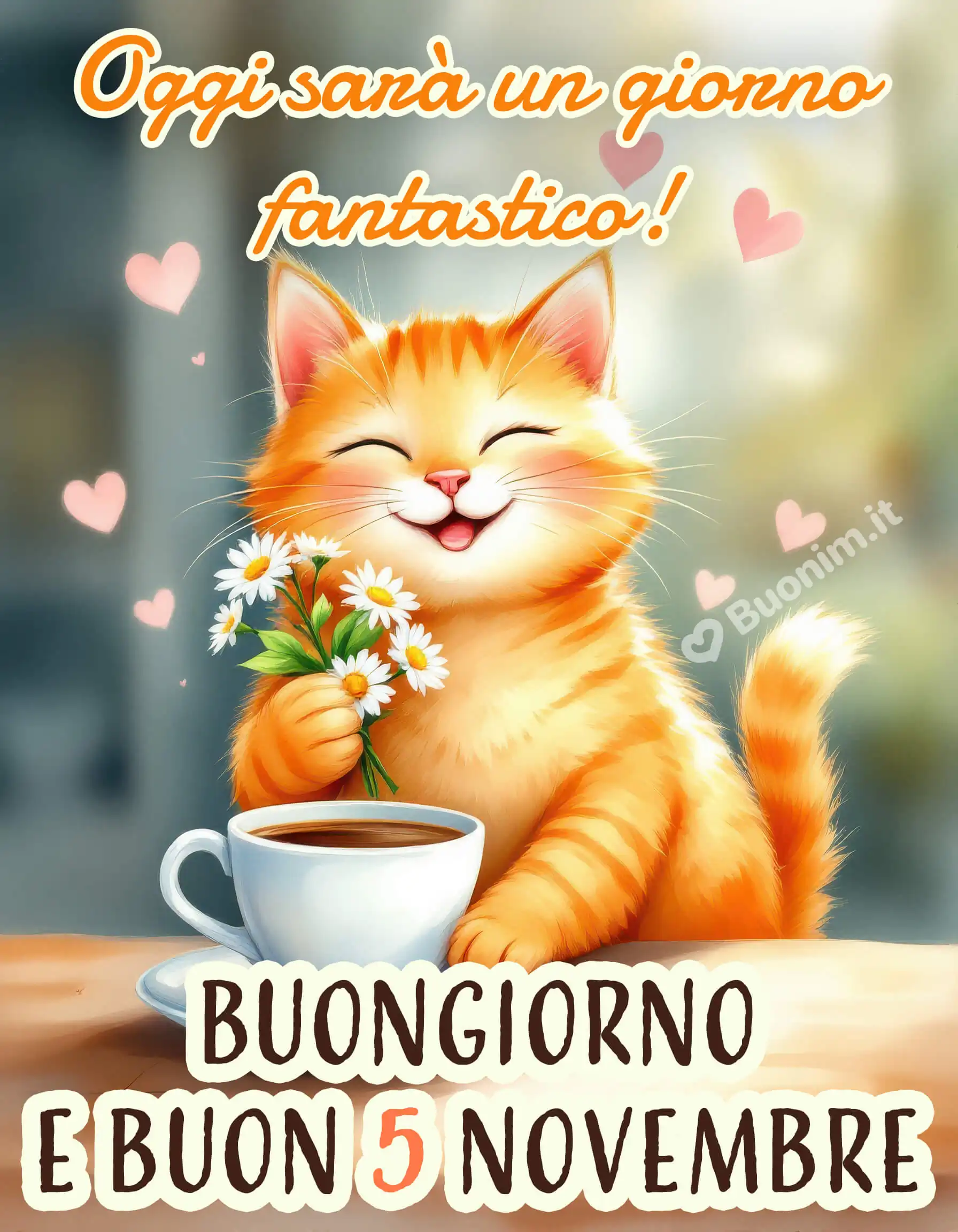 Gattino felice e caffè buon 5 novembre Tra margherite e cuoricini arriva un buongiornissimo di coccole. Prenditi un sorso di energia e manda questo messaggio dal cuore per augurare una giornata luminosa e piena di affetto.