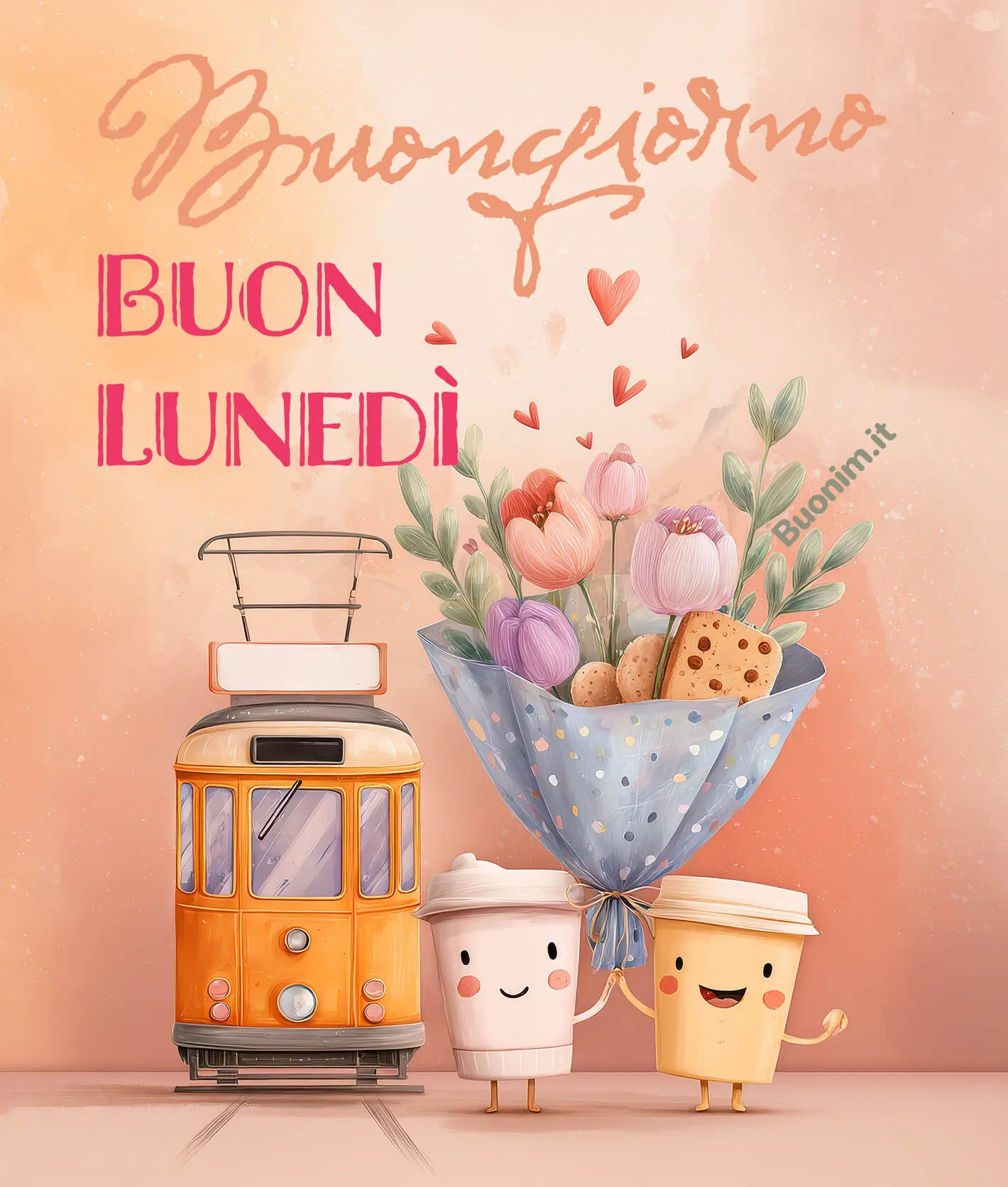 Tram di città e fiori per Buon Lunedì Parte la settimana con un buongiorno e buon lunedì pieno di energia e affetto. Tra fiori e caffè, puoi mandare un pensiero a un’amica e scaldarle il cuore.