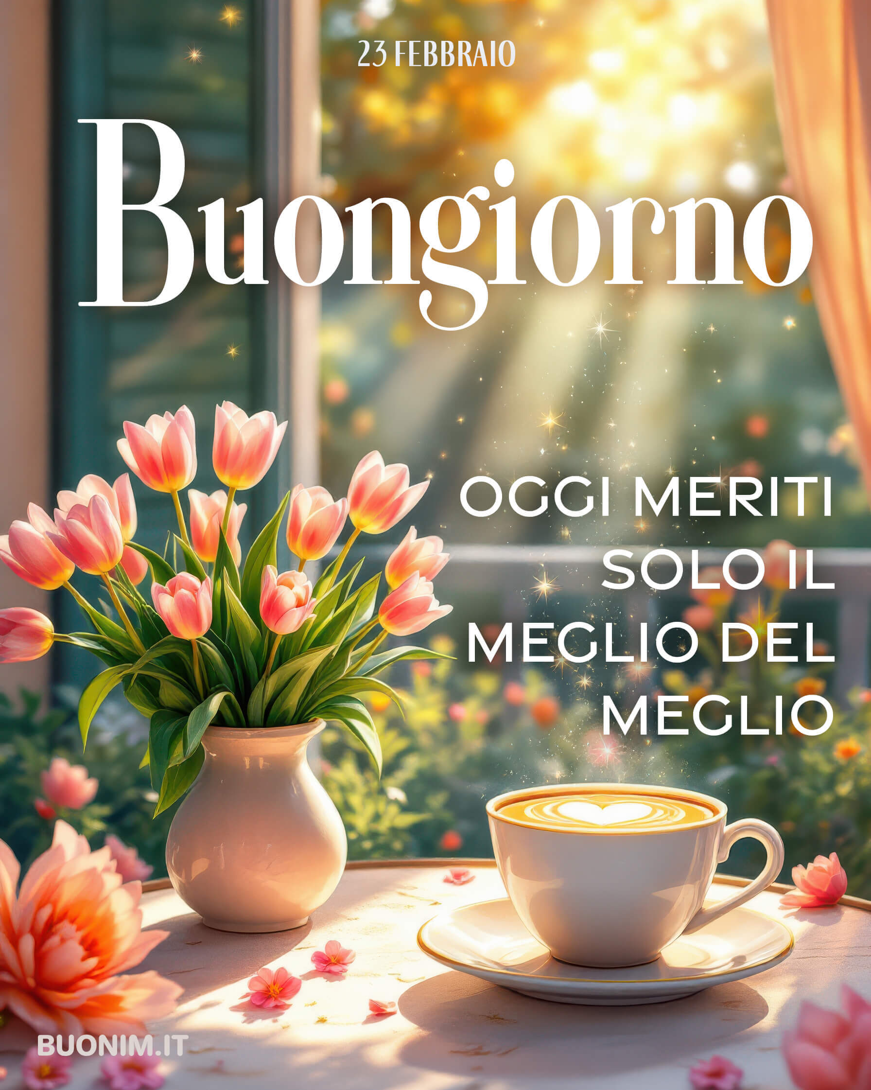 Il profumo dei tulipani e la tazzina fumante rendono speciale questa mattina. Ti auguro un 23 febbraio pieno di luce, serenità e piccole gioie da vivere.