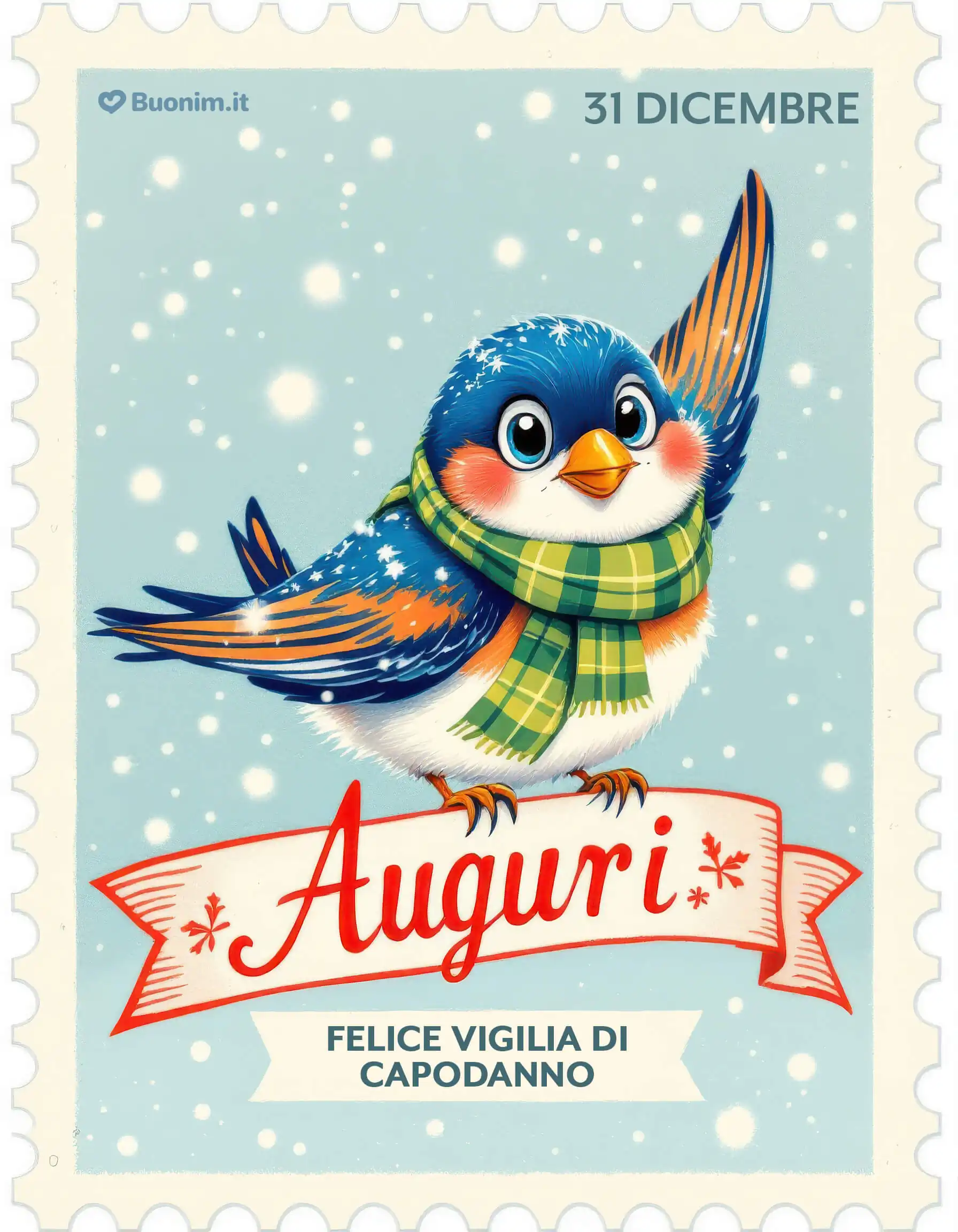 Le ali aperte, i fiocchi di neve e una sciarpa colorata fanno di questo uccellino una tenera cartolina di buona vigilia di Capodanno, perfetta tra le tue immagini di buon 31 dicembre.