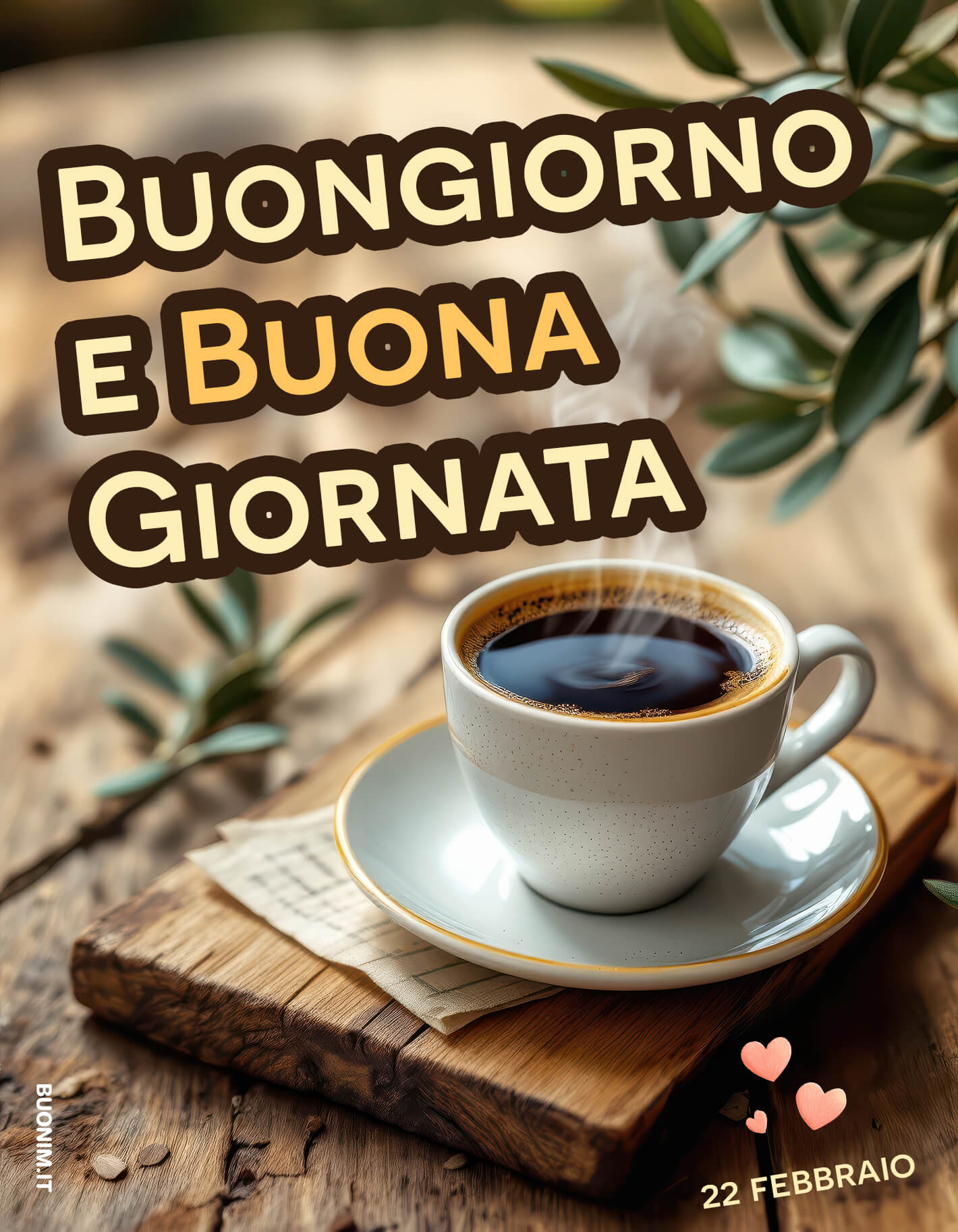 Il caffè nero, ancora fumante sul tavolo rustico, invita a cominciare con calma. Ti auguro un 22 febbraio sereno, con la carica giusta e un sorriso sincero.