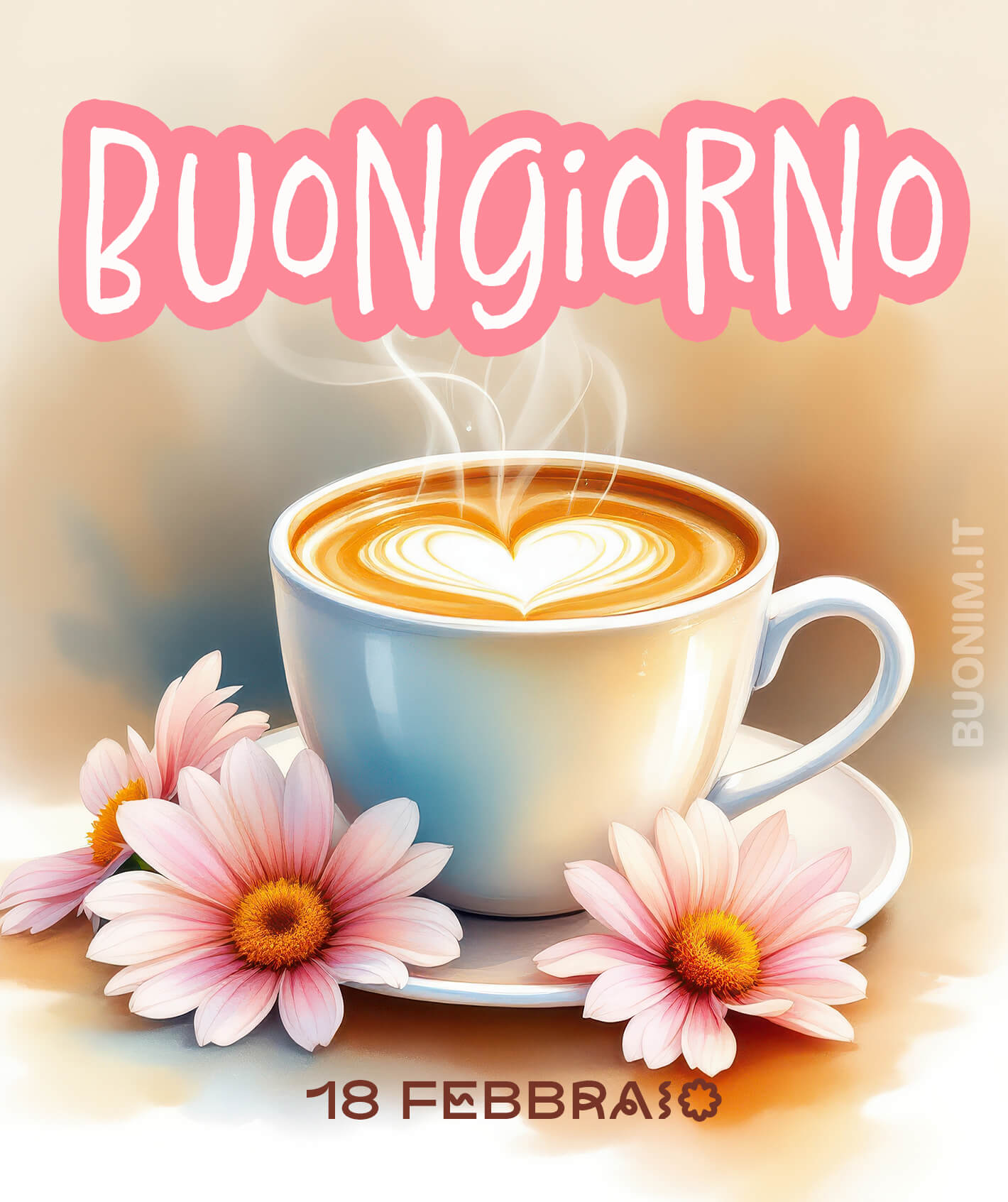 Un cappuccino con il cuore tutto per te Questo 18 febbraio ti dedico un cappuccino caldo e un pensiero affettuoso. Tra margherite rosa e piccole coccole, ti auguro una giornata dolce, da condividere con chi ami.