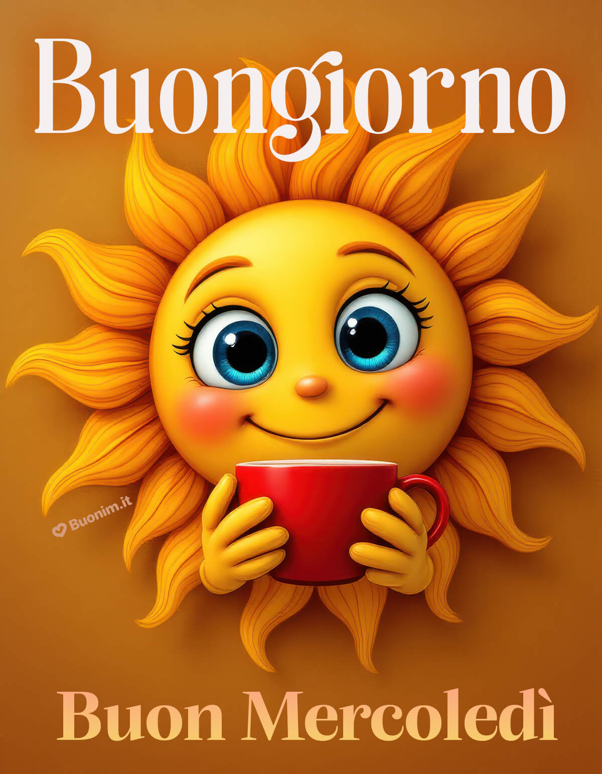 Un dolce sole sorridente augura buongiorno e buon mercoledì Con il sole che sorride e una tazza tra le mani, il risveglio diventa più leggero. Perfetta da inviare su WhatsApp per augurare un buon mercoledì pieno di luce.