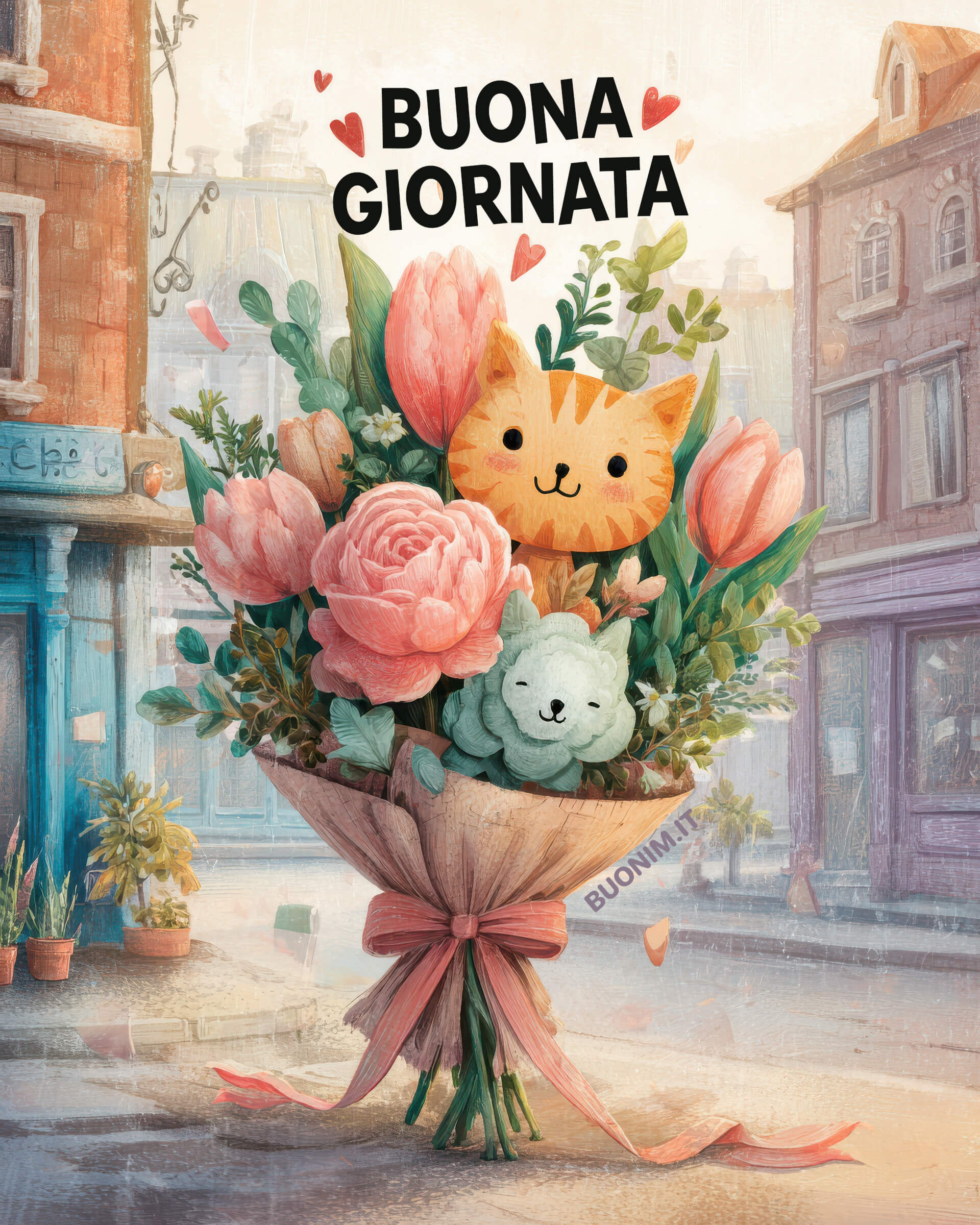 Guarda chi spunta dal bouquet di tulipani e peonie. Questo gattino ti saluta con affetto e ti augura un 20 febbraio ricco di coccole, incontri felici e piccole sorprese.
