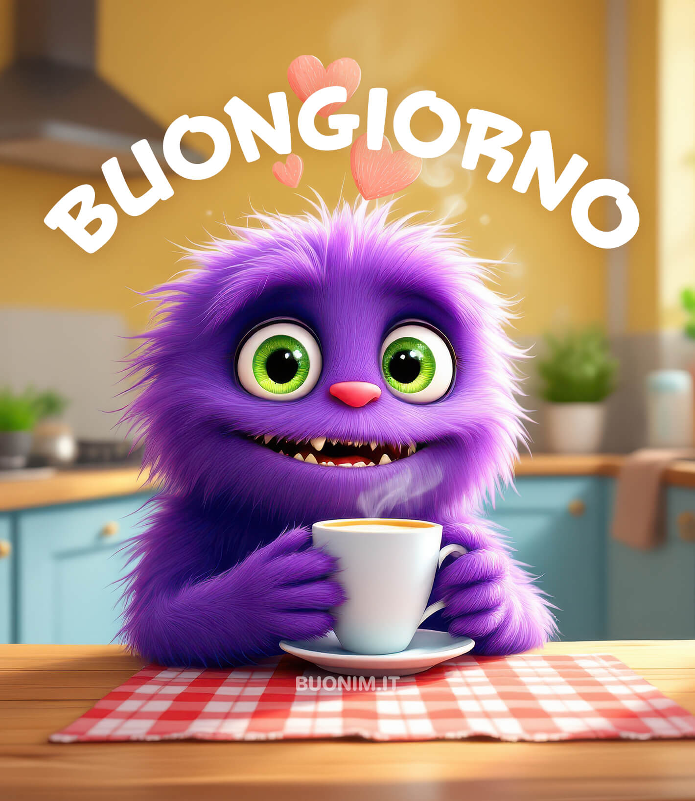 Con quegli occhioni verdi e il caffè già pronto, questo mostriciattolo aspetta solo te. Accomodati e sorridi, ti auguro una mattina tranquilla e un abbraccio di quelli belli.