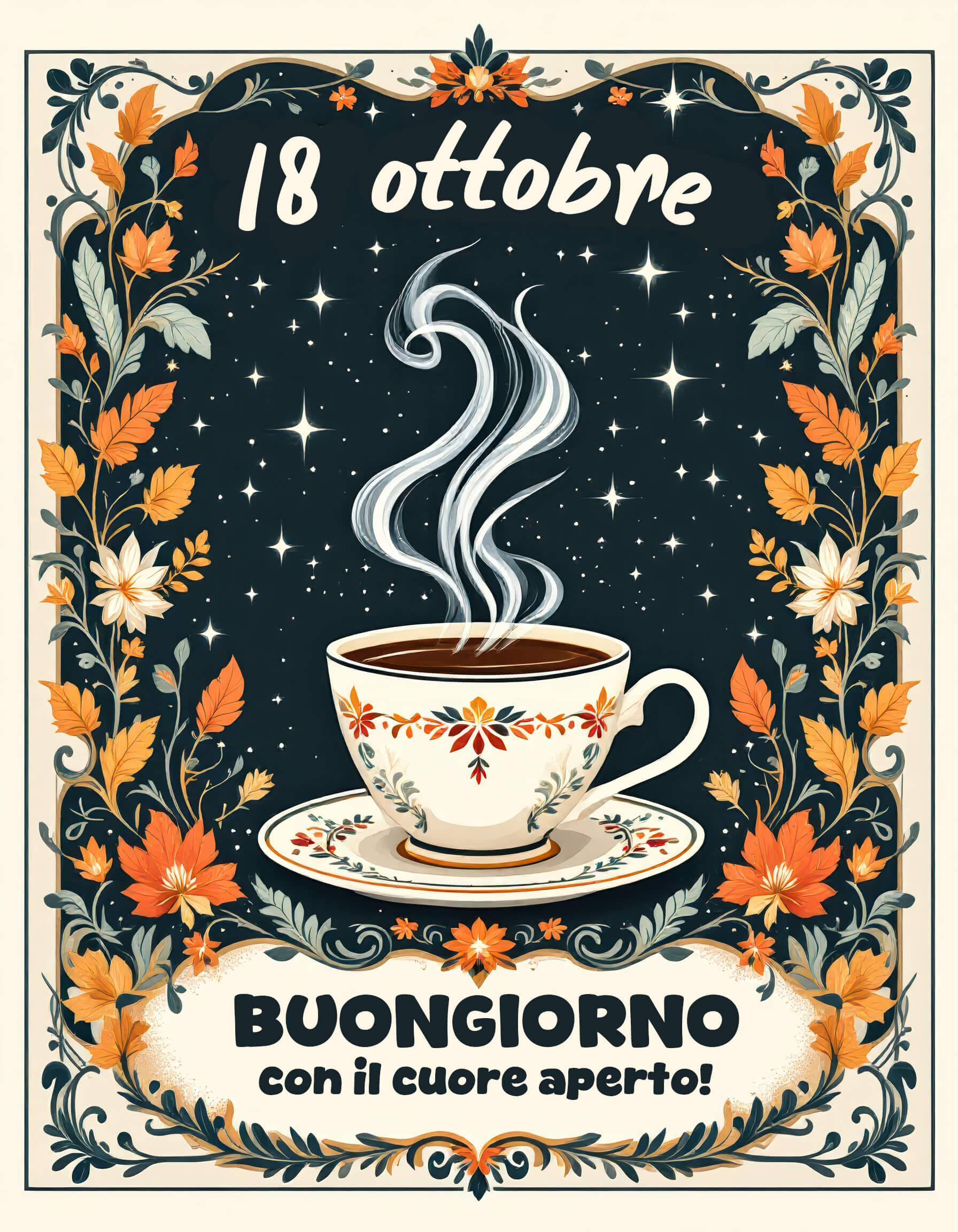 Buongiorno del 18 ottobre con il cuore aperto Un nuovo giorno ti accoglie con la luce d’autunno e il profumo del caffe. Lascia che la serenita entri nel cuore e accompagni ogni tuo passo. Scarica questa immagine e diffondi un sorriso pieno di calma e gratitudine.
