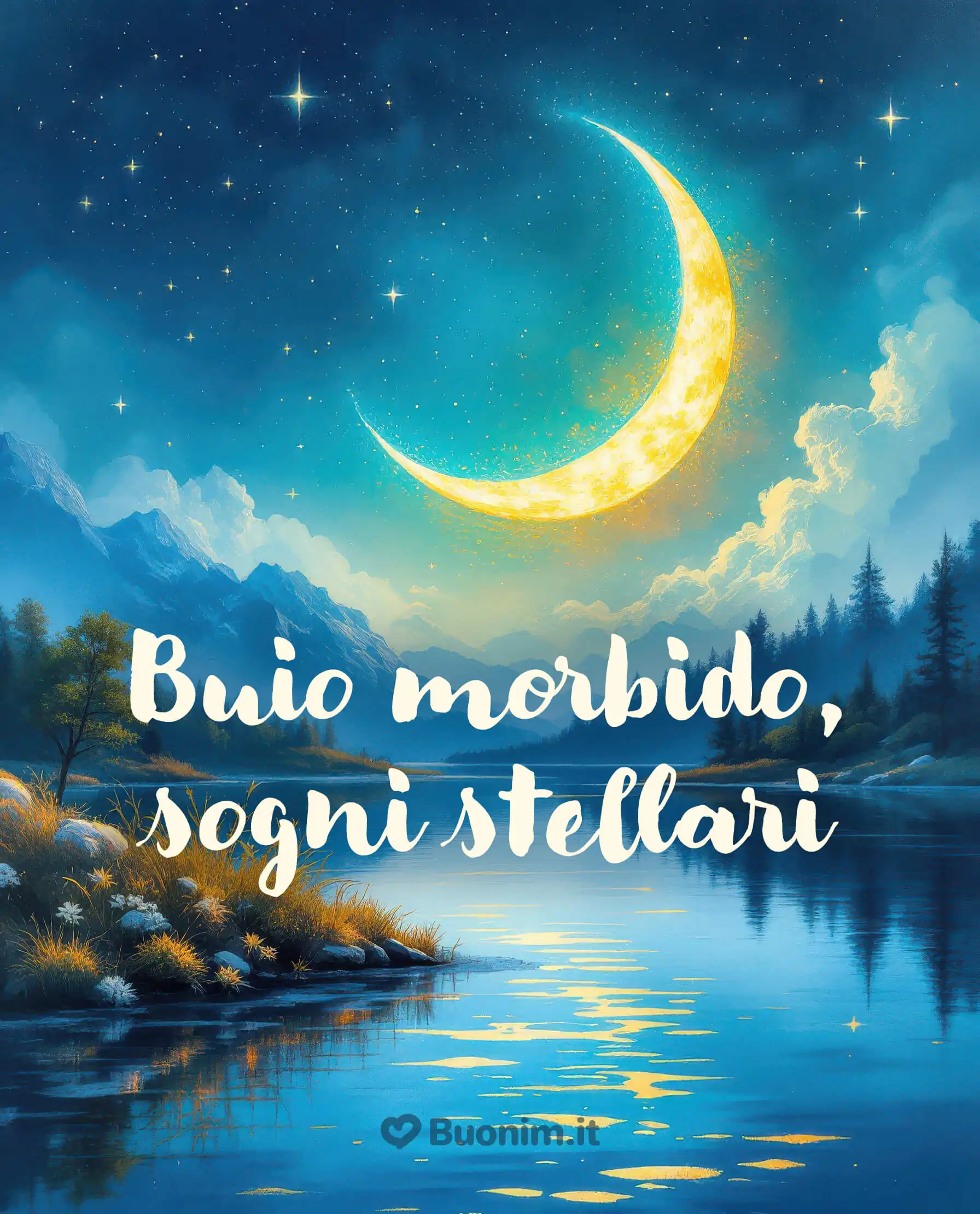 Lago silenzioso sotto una luna brillante Un passo alla volta e la notte diventa magia. Buonanotte e cuore leggero.